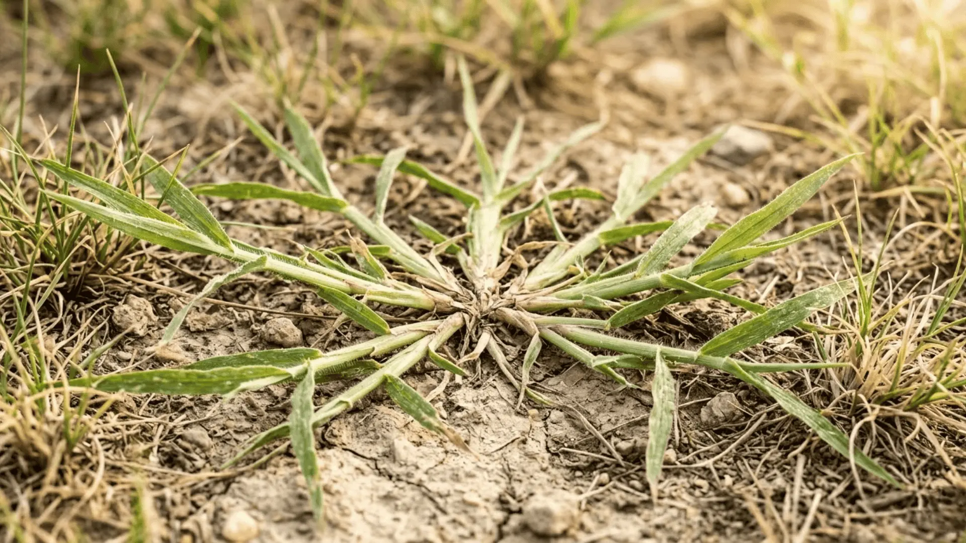 crabgrass with finger-like blades spreading outward in a dry compacted lawn under warm sunlight