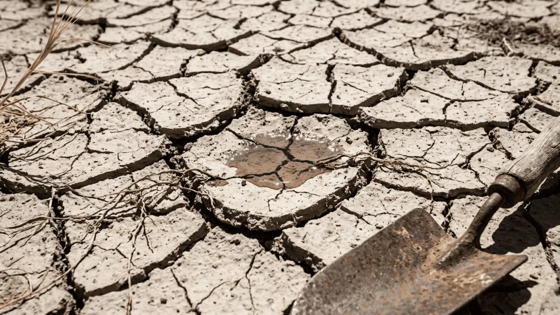 cracked compacted desert soil with water pooling on the surface unable to absorb into dry ground