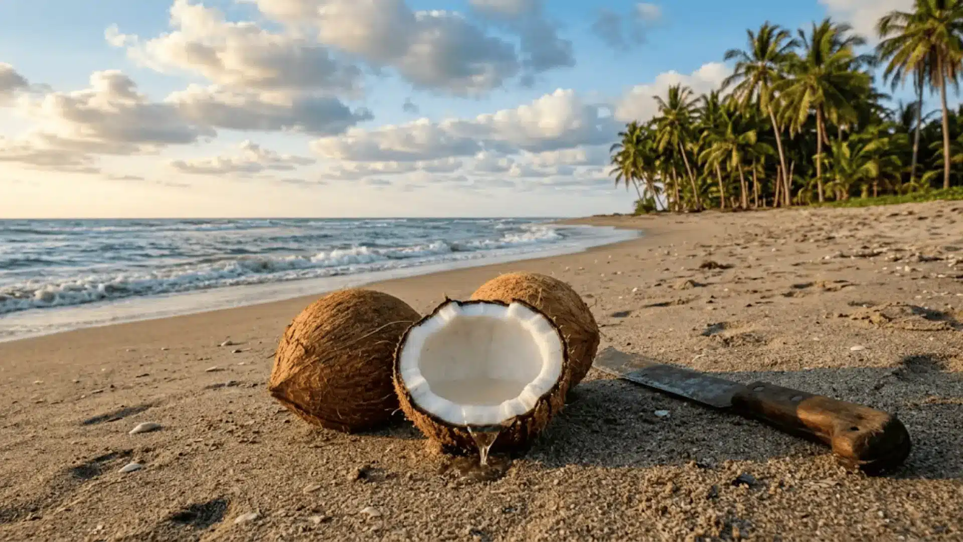cracked open coconut with white flesh and water on a sandy mexican beach near palm trees