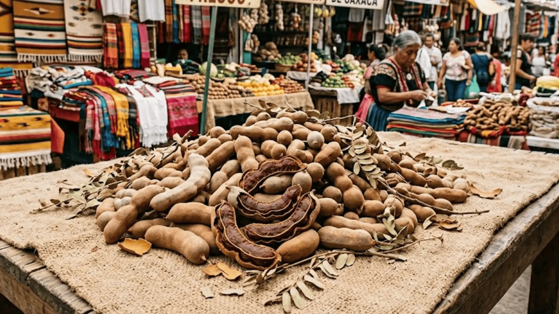 cracked tamarind pods showing dark pulp and seeds on a burlap cloth at an oaxacan market