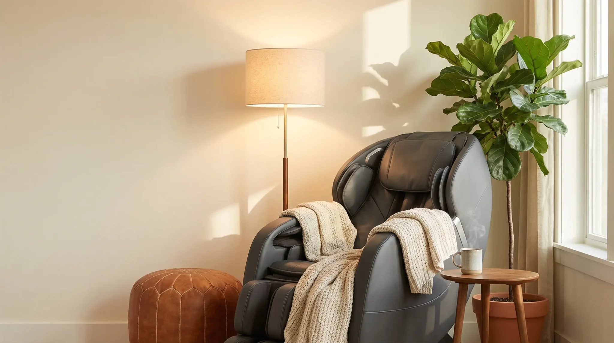 Massage chair with knitted blanket beside lamp and potted plant in cozy living room setting