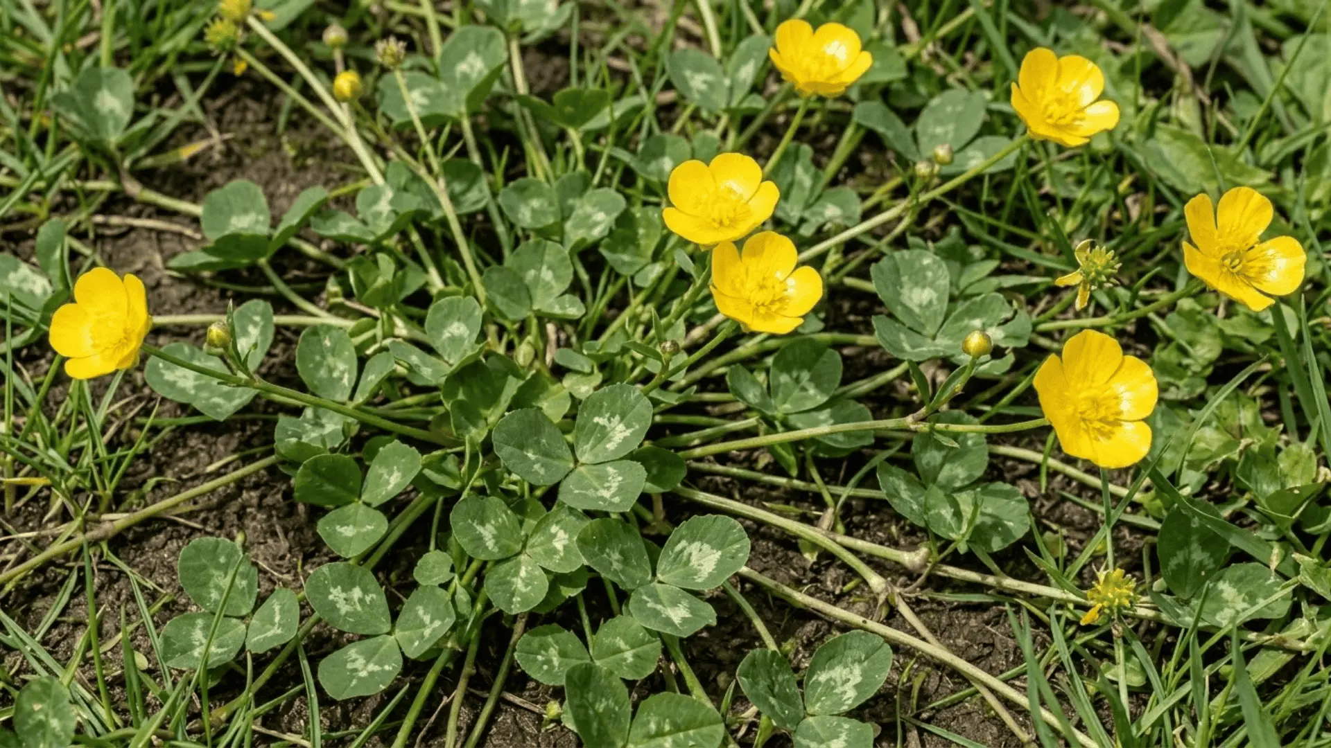 creeping buttercup with lobed leaves, pale patches, and glossy yellow flowers spreading across moist lawn soil