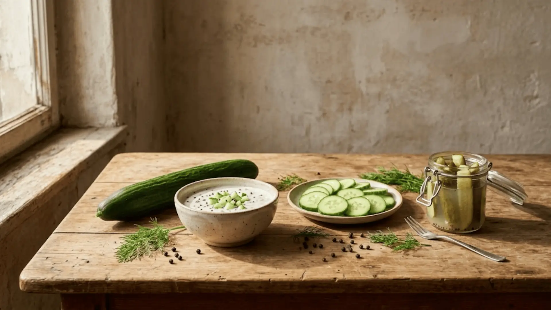cucumber raita, pickle jar, and sliced cucumbers on a rustic wooden table in warm natural light