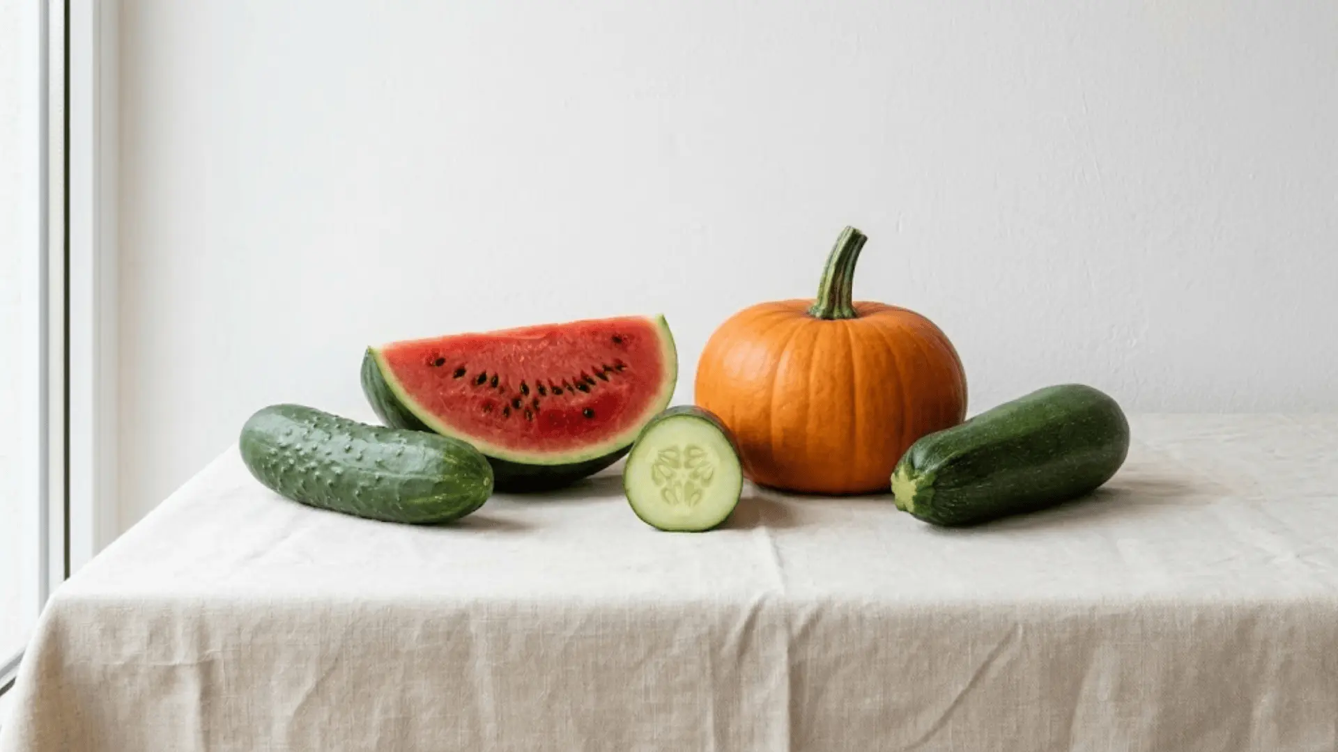 cucumber, watermelon, pumpkin, and zucchini arranged on cream linen surface in sharp natural daylight