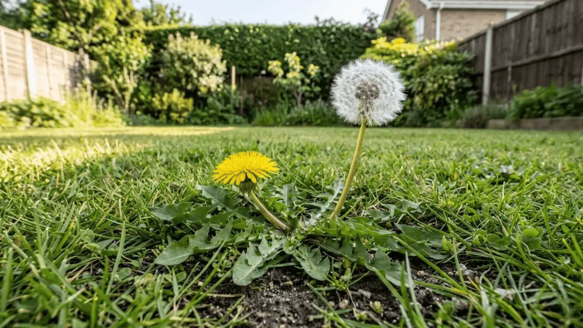 dandelion plant with yellow flower and white seed head growing in a green residential lawn