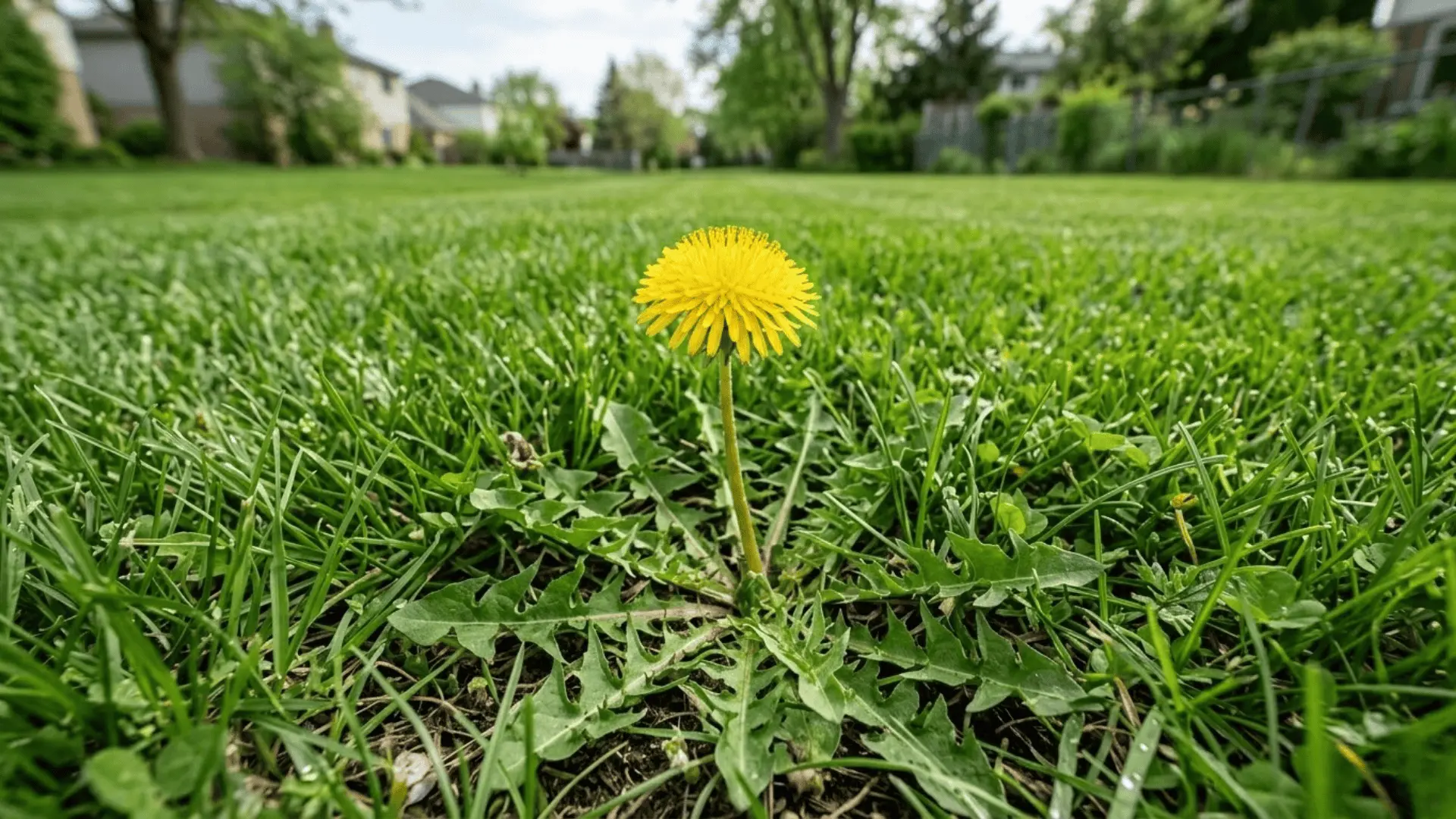 dandelion with bright yellow flower and jagged rosette leaves growing through a lush green lawn