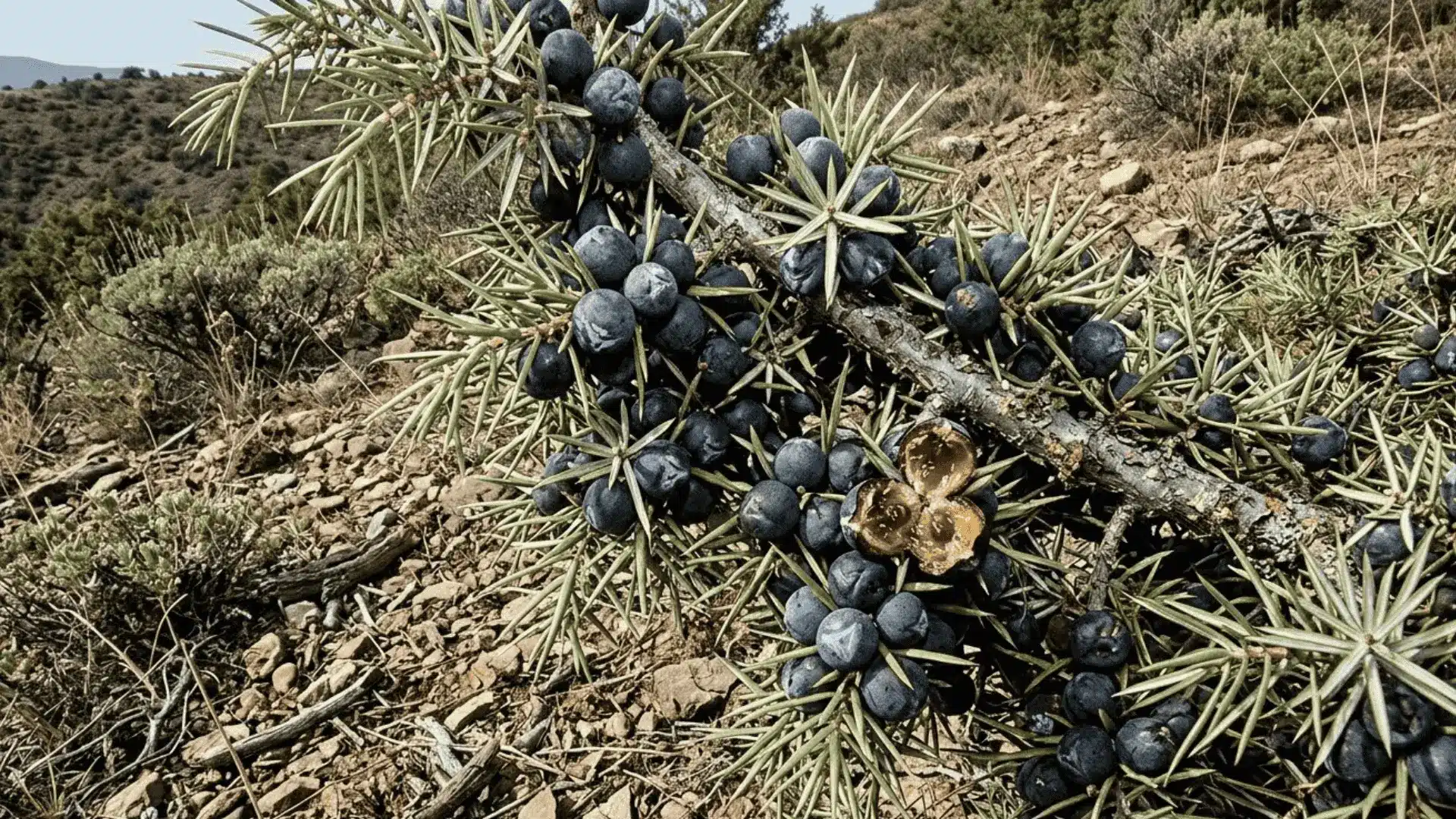 dark blue-black juniper berries with sharp evergreen needles on a wild shrub in natural daylight