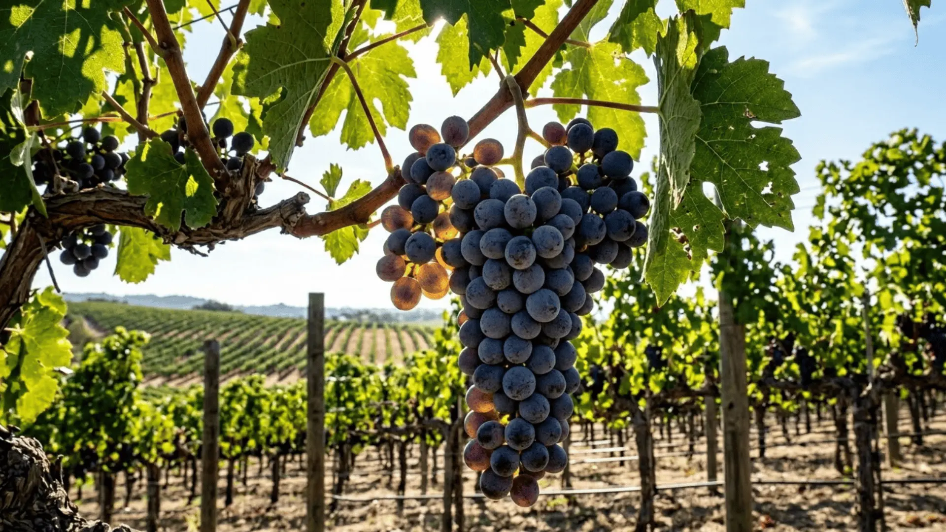 dark purple grape cluster hanging from vineyard vine in natural morning light