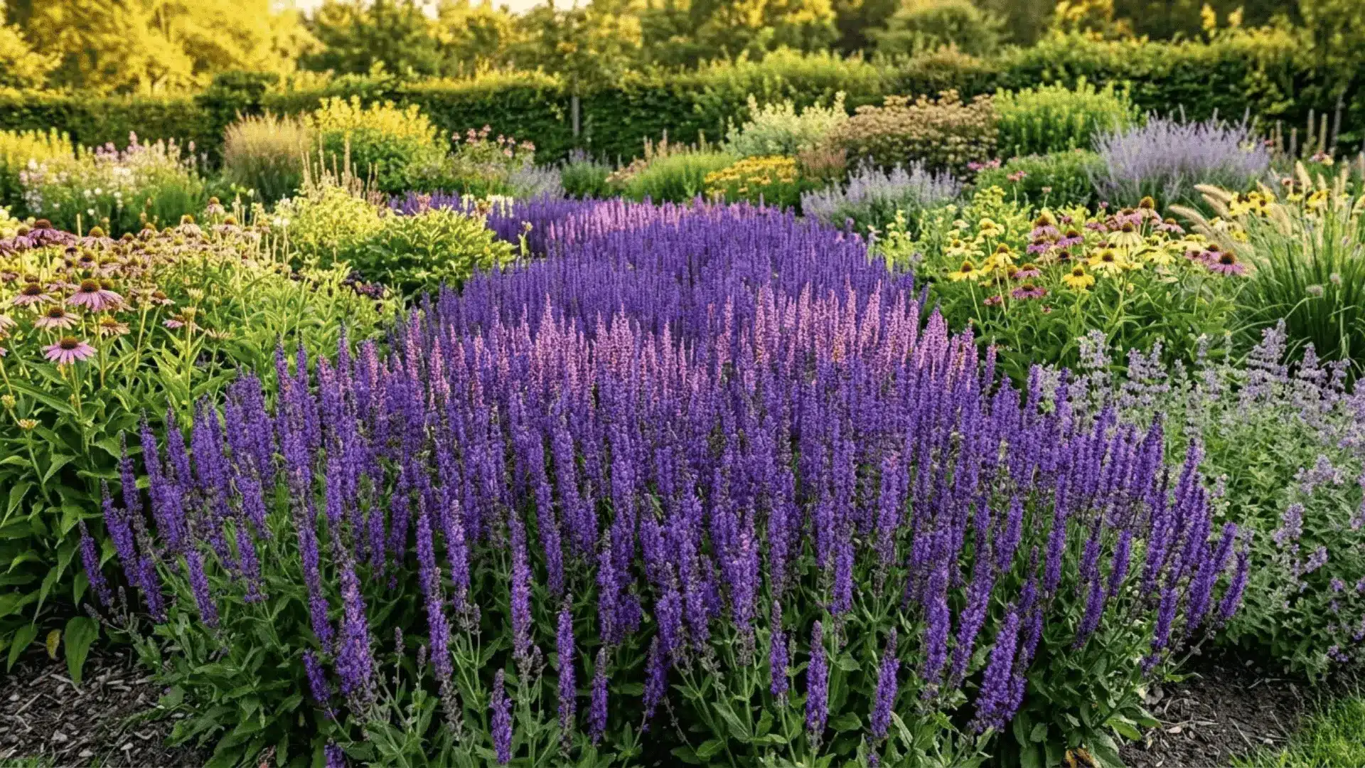 deep blue-purple salvia spikes with detailed tubular florets in a warm sunny garden bed in afternoon light