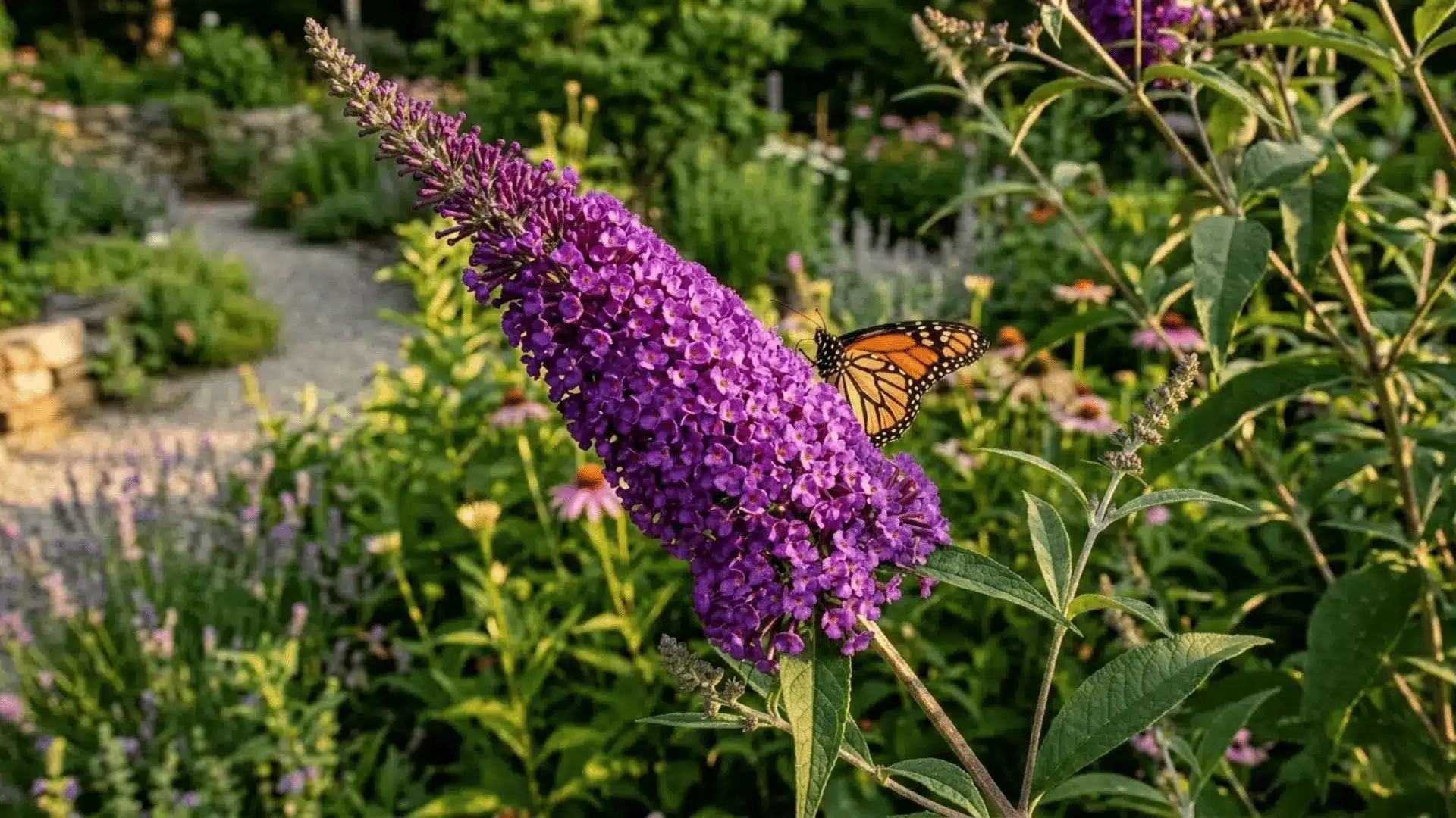 deep purple butterfly bush in full bloom with detailed florets in a sunny garden setting
