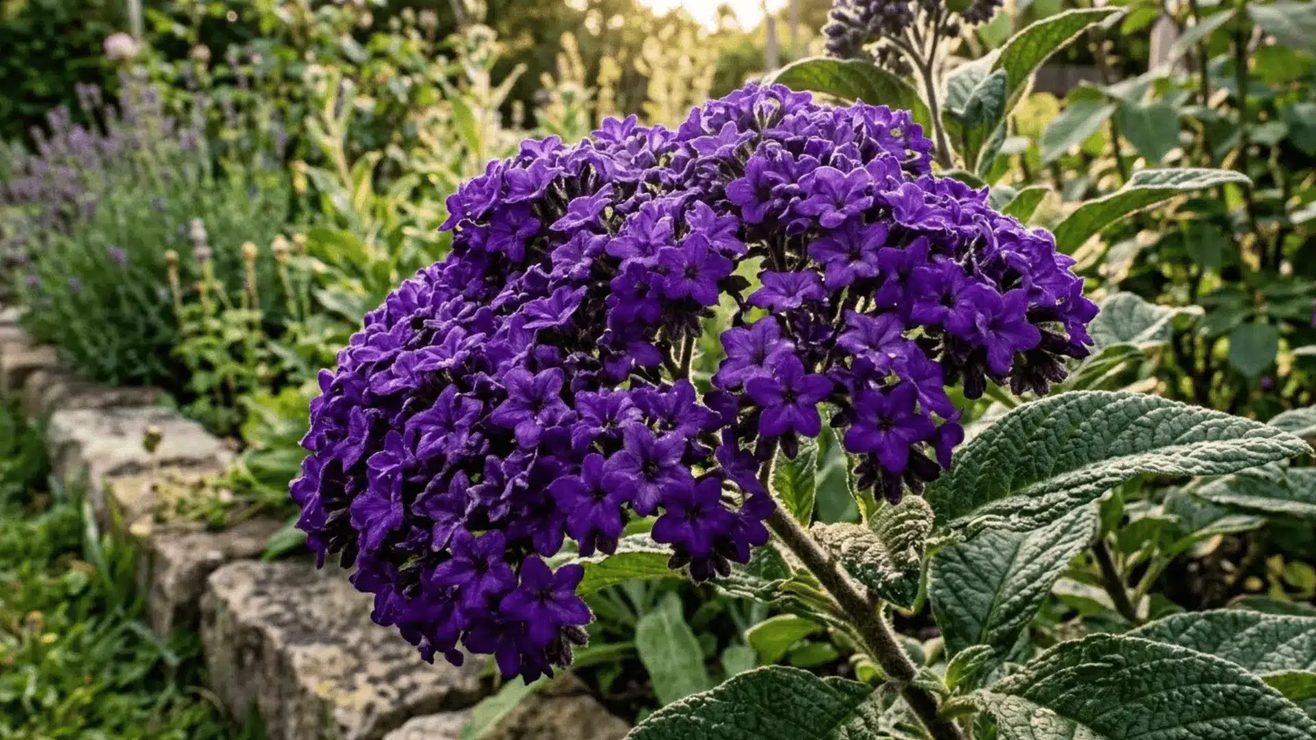 deep purple heliotrope flower clusters in full bloom in a warm cottage garden border in afternoon light