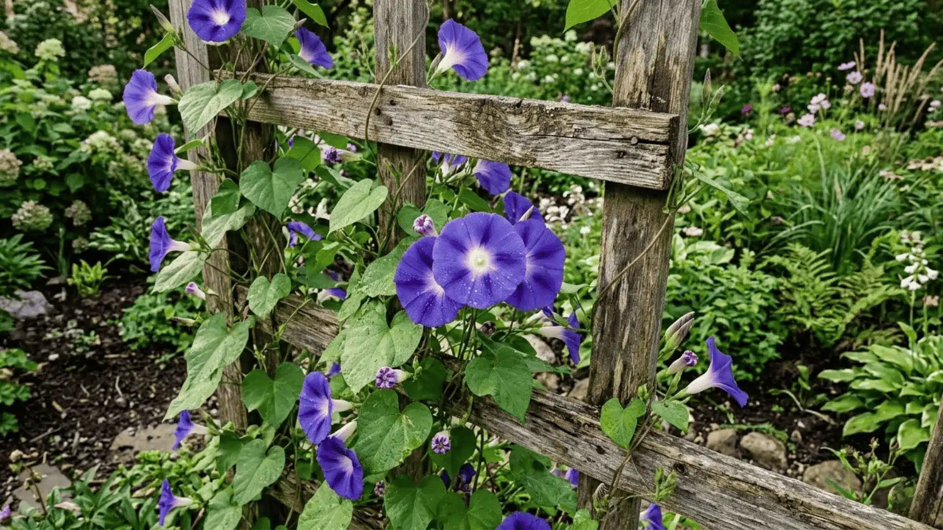 deep violet morning glory flowers climbing a wooden trellis in soft early morning garden light