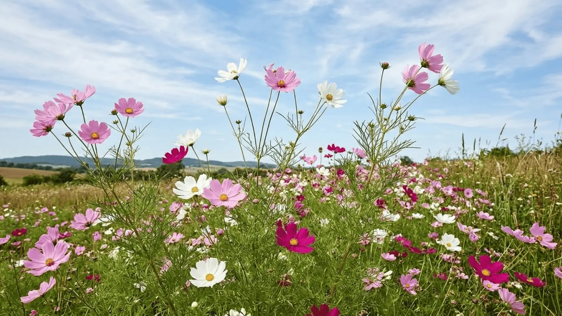 delicate pink white and magenta cosmos with feathery foliage in an open garden in natural daylight