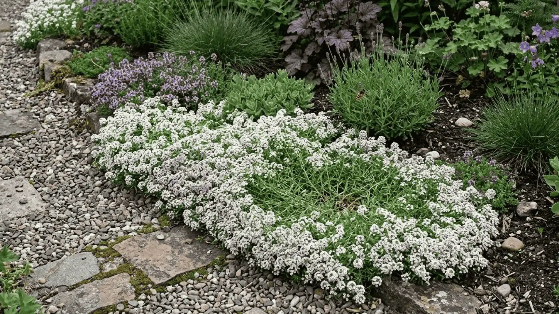 dense clusters of tiny white sweet alyssum flowers spreading along the edge of a garden path