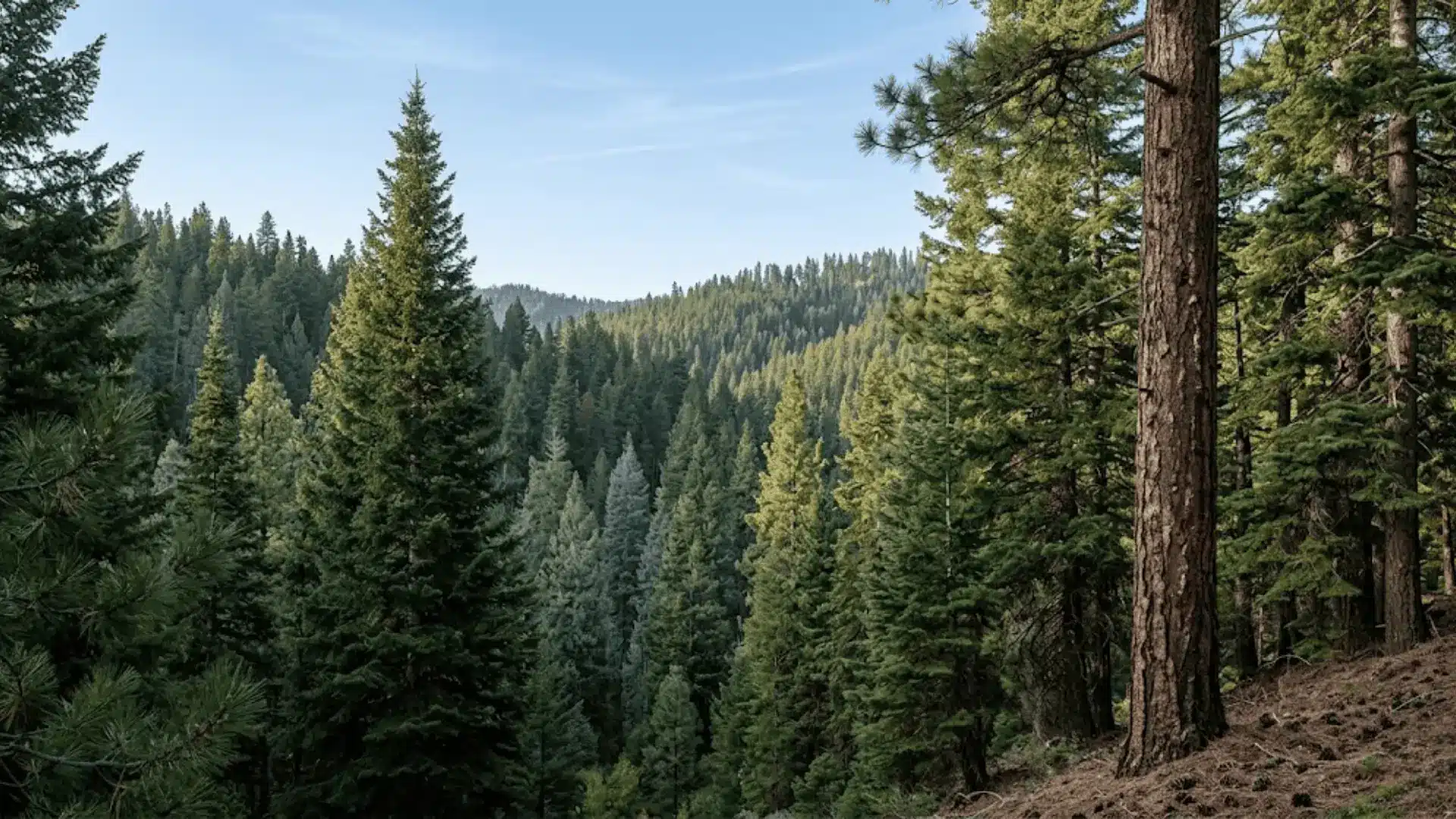 dense coniferous forest on mountain slopes at dawn with pine and spruce trees in sharp natural light