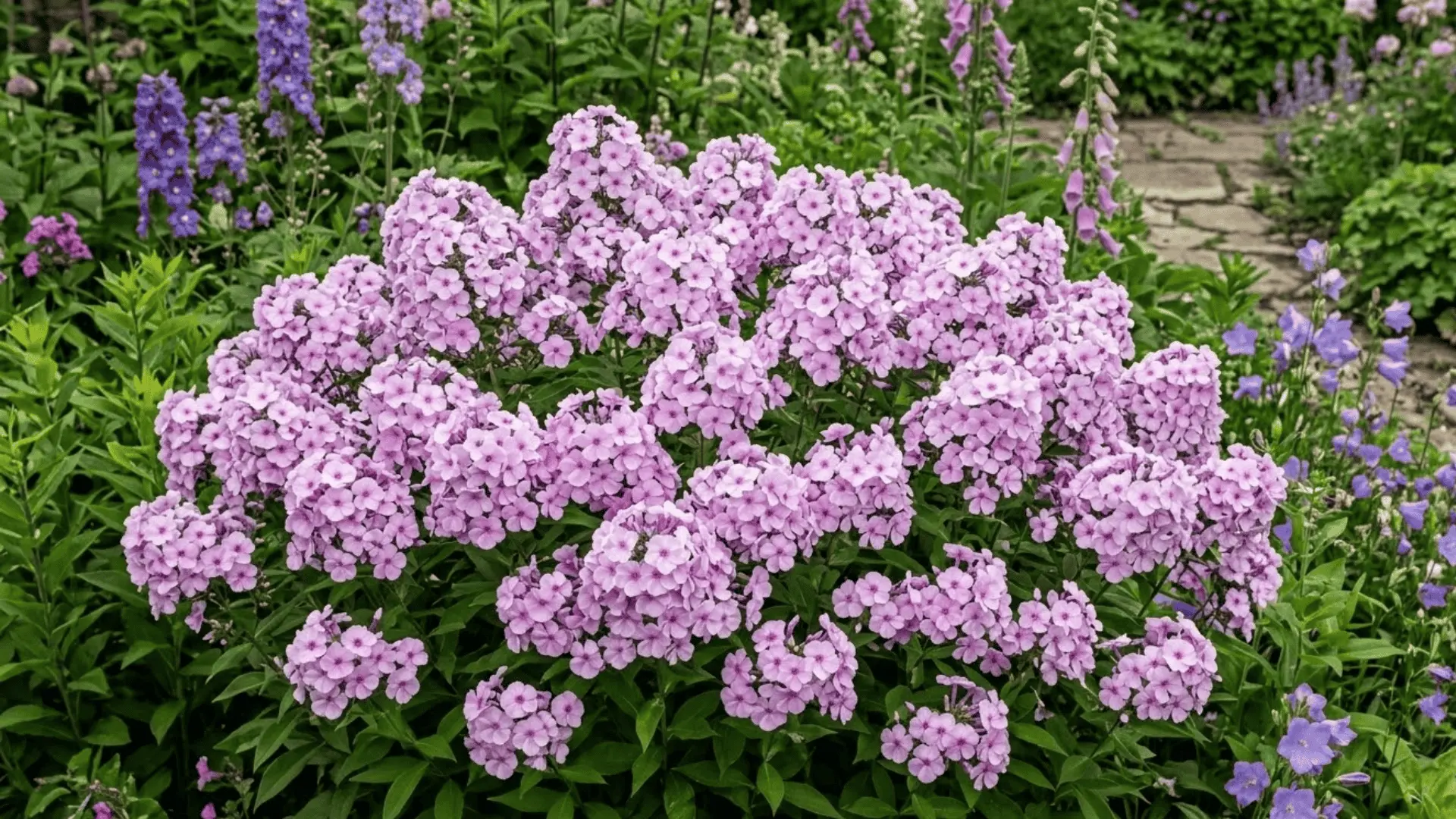 dense pink and lilac phlox clusters in a cottage garden border photographed in soft morning light