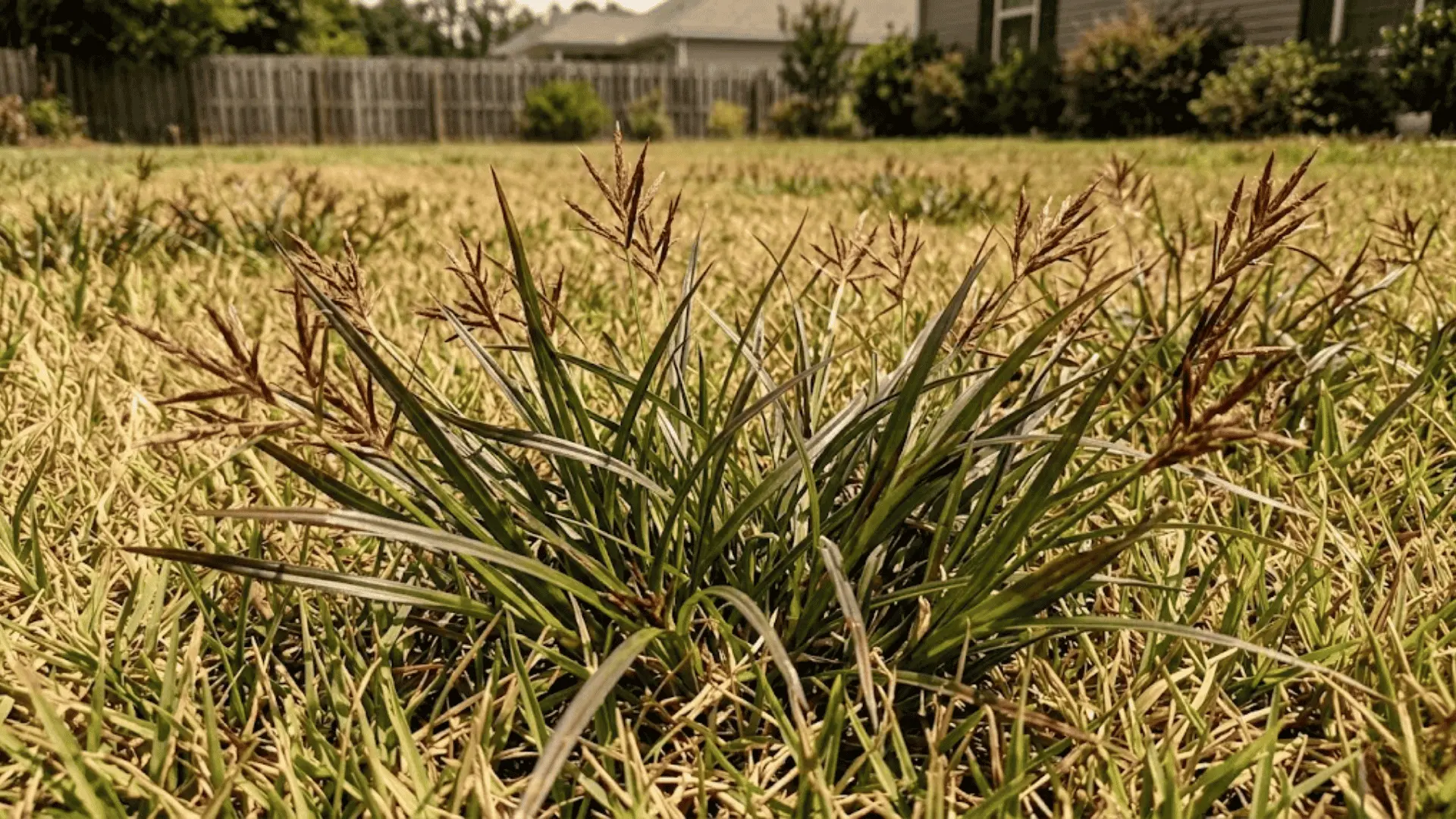 dense purple nutsedge colony with dark green leaves and reddish spikelets spreading through a warm-season lawn
