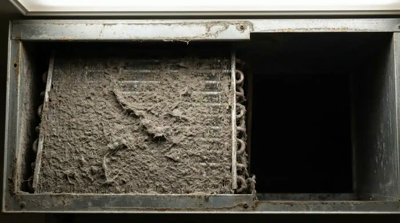 Dust-covered HVAC filter in metal ductwork under bright fluorescent light