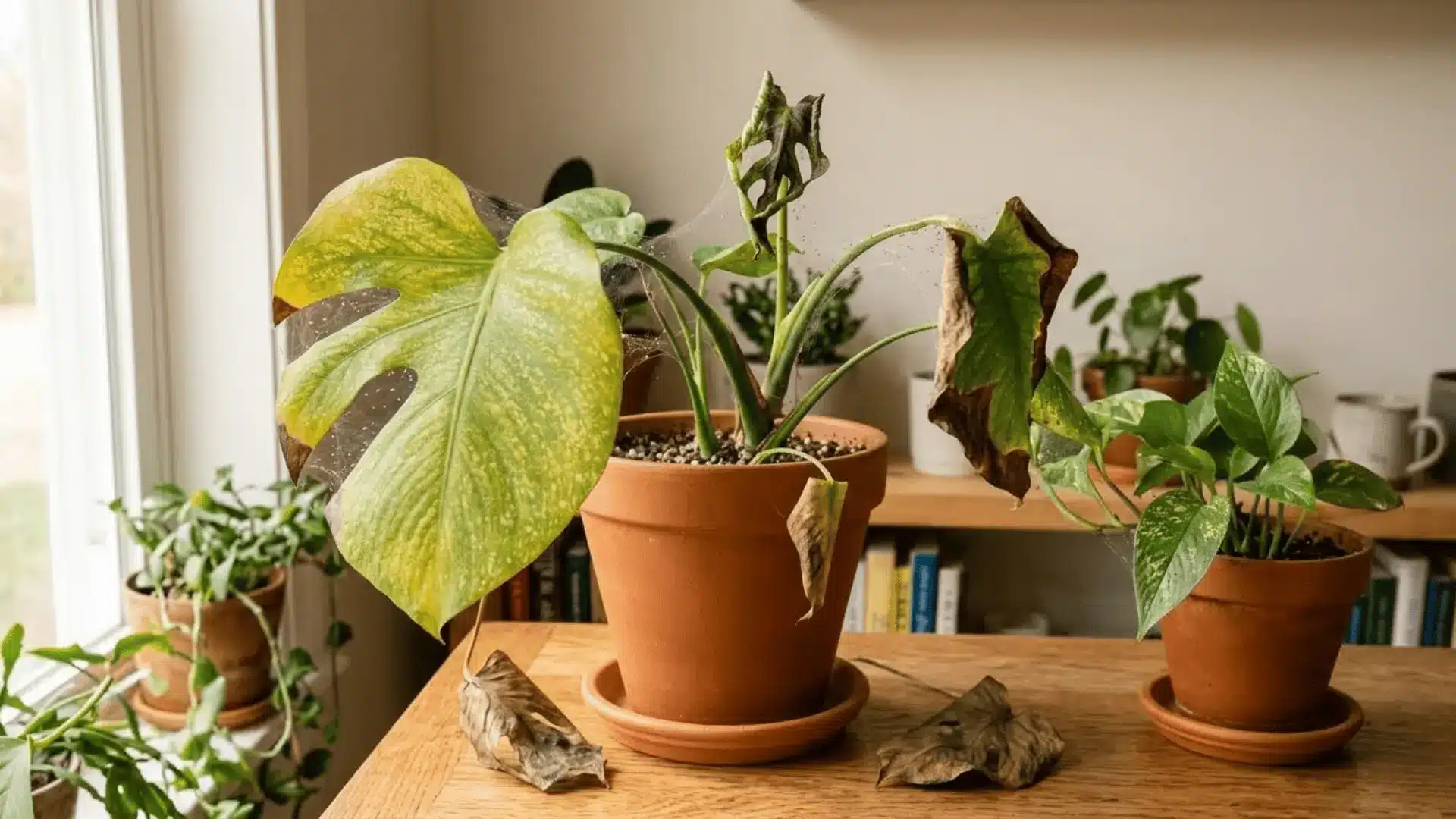 distressed monstera plant with spreading webbing yellowing browning leaves and stunted growth from worsening spider mite infestation
