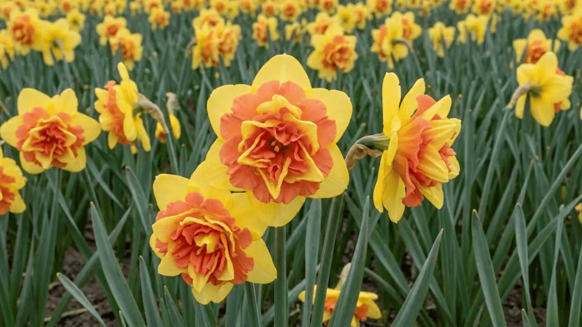 double narcissus tahiti with layered yellow petals and red orange petaloids in natural garden setting