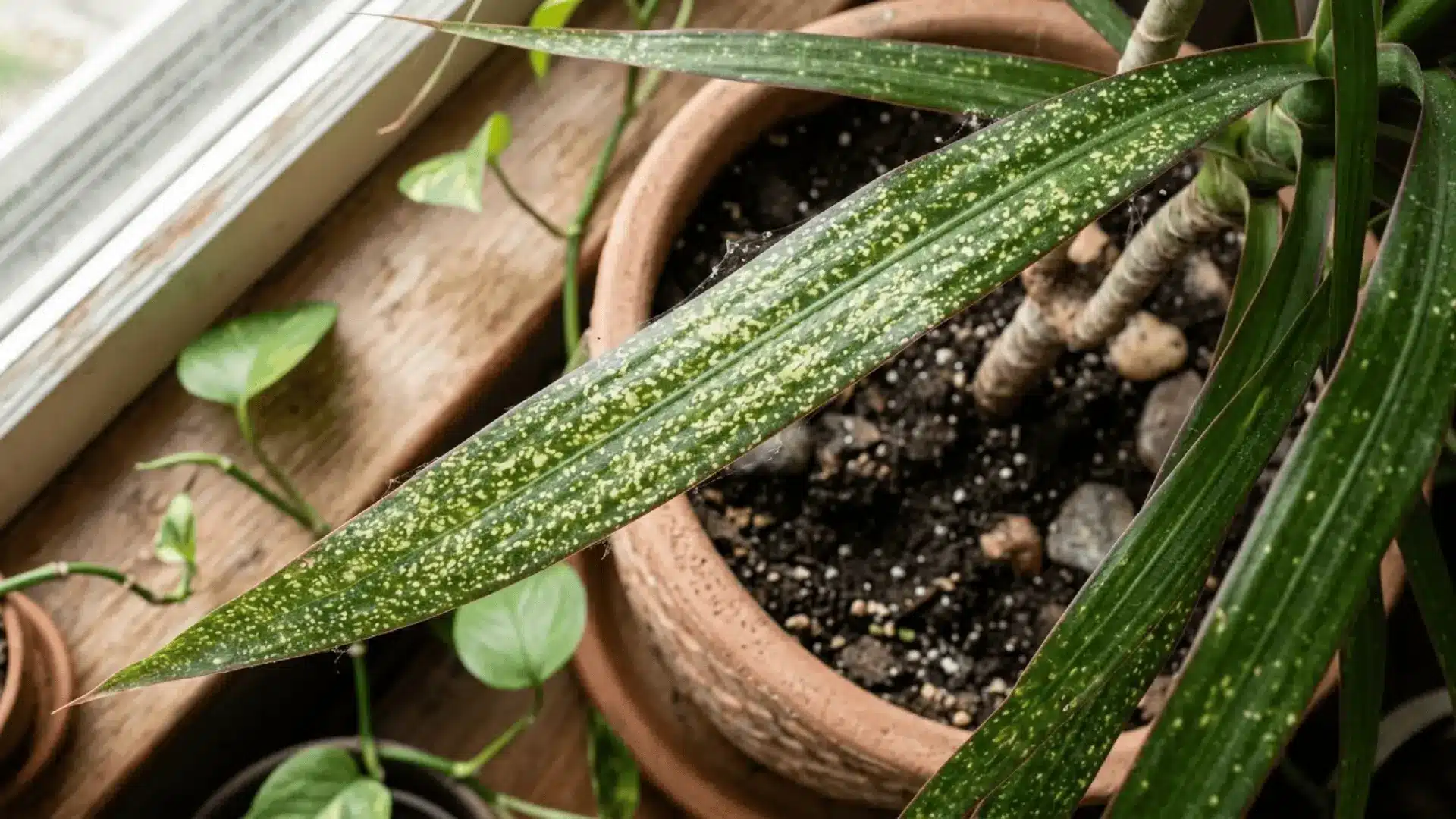dracaena leaf with scattered yellow stippling and pale spots caused by spider mite feeding damage in natural light
