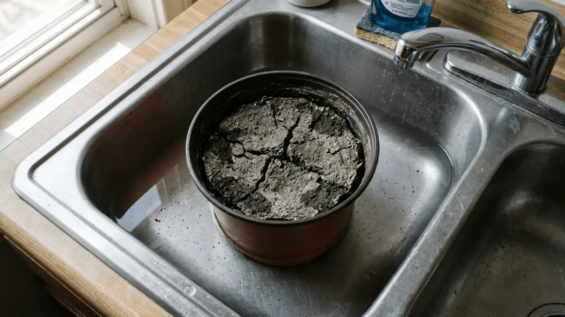 dry soil nursery pot soaking in a water-filled kitchen sink under natural window light