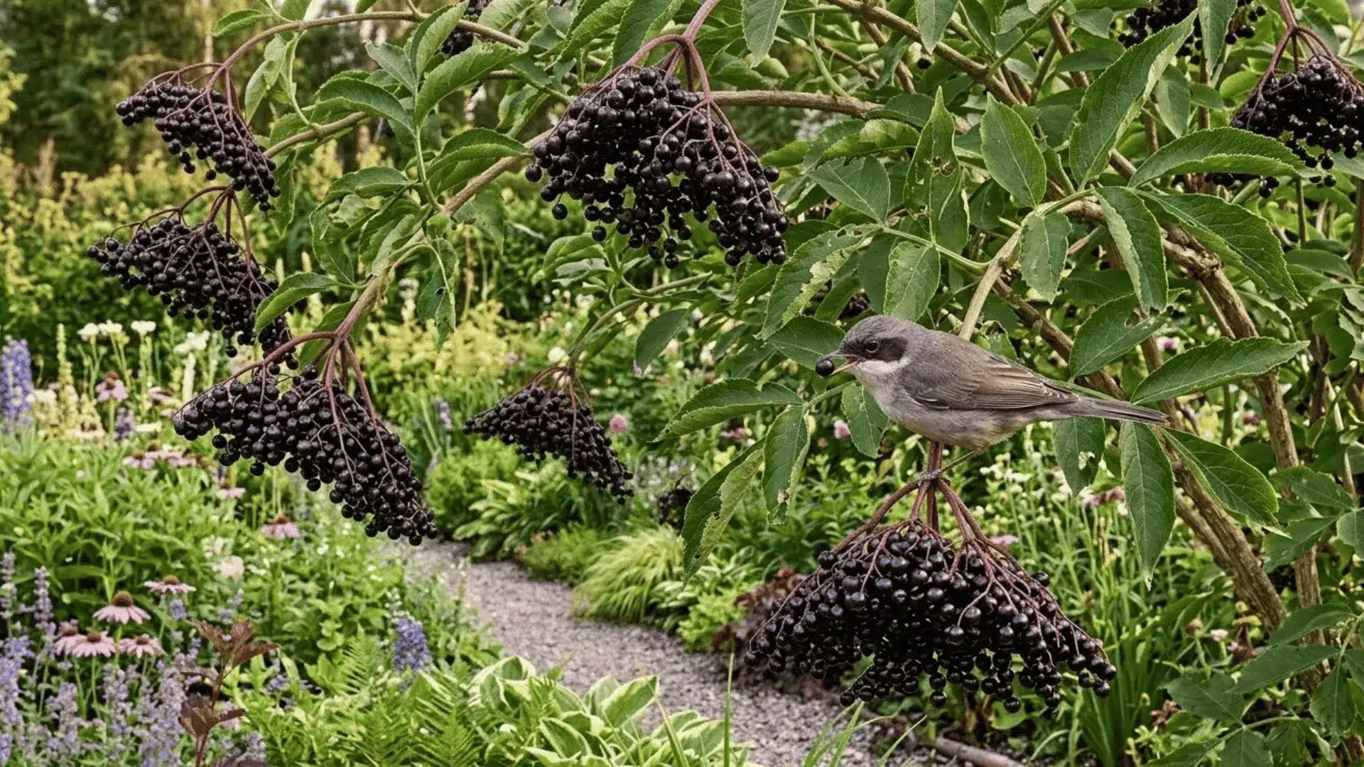 elderberry shrub with heavy clusters of deep purple berries and a bird perched on a branch