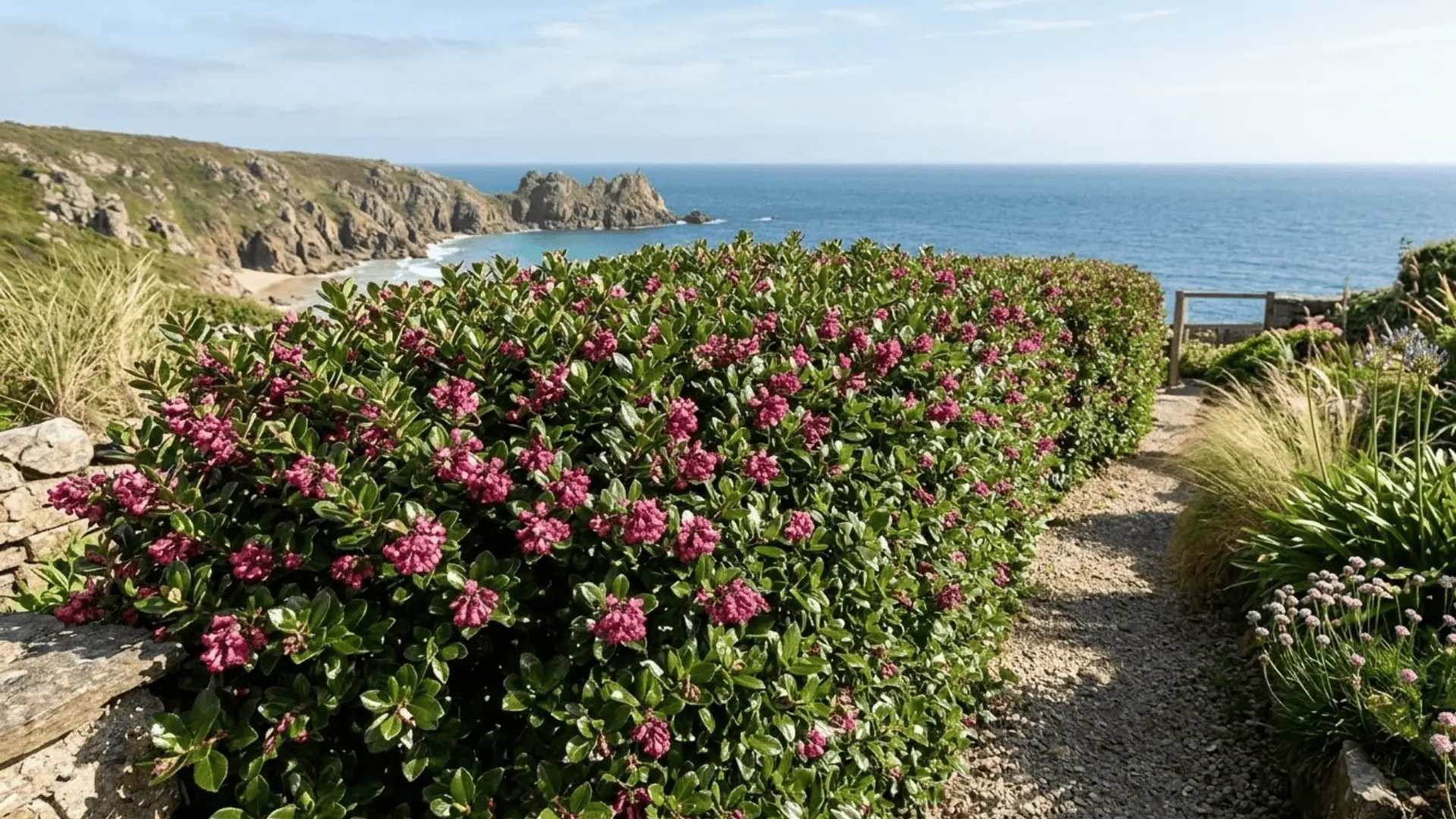 escallonia hedge with glossy leaves and pink flowers growing in a coastal garden with sea views