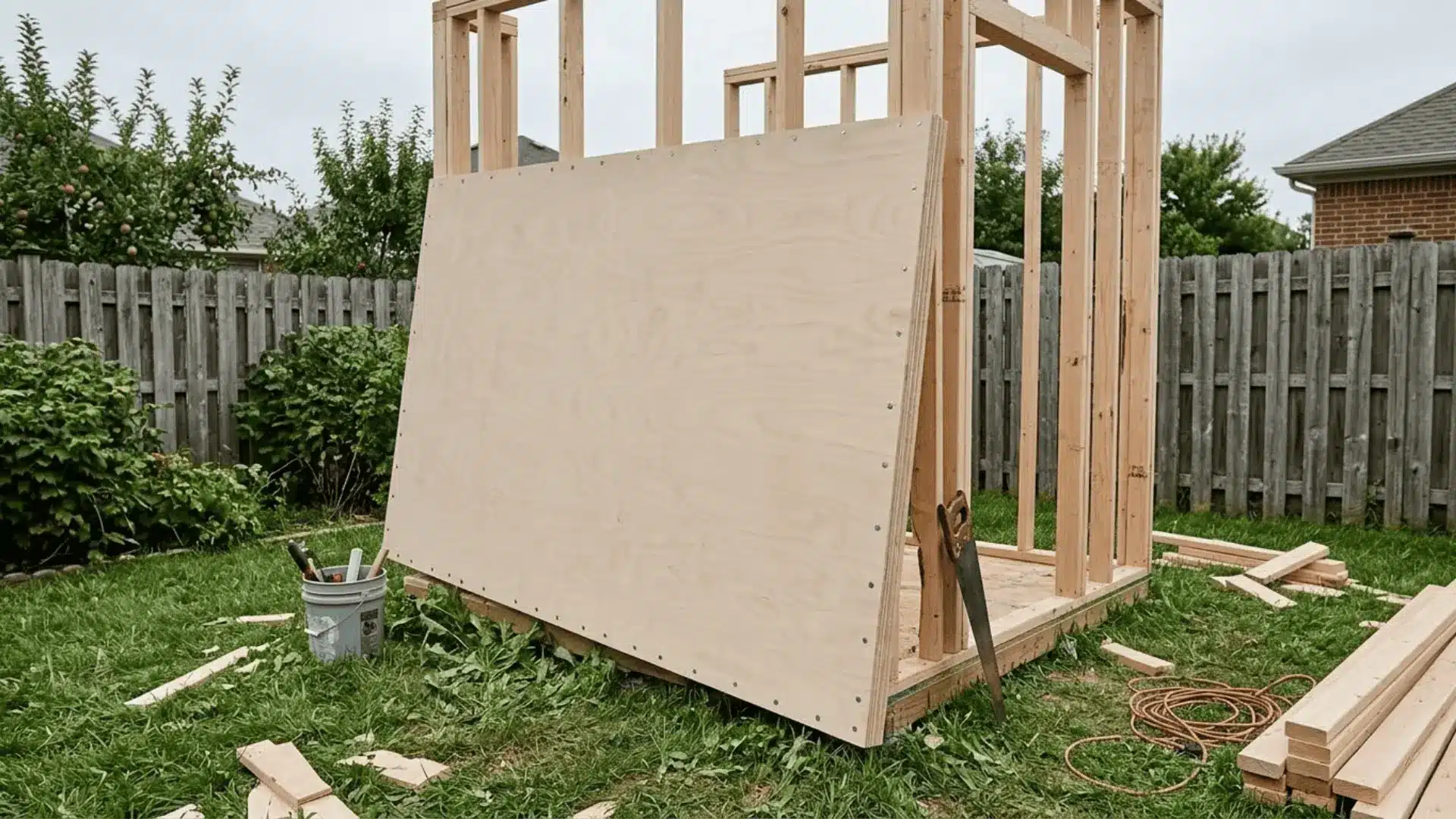 exterior plywood panels attached to a garden shed frame in a real backyard setting