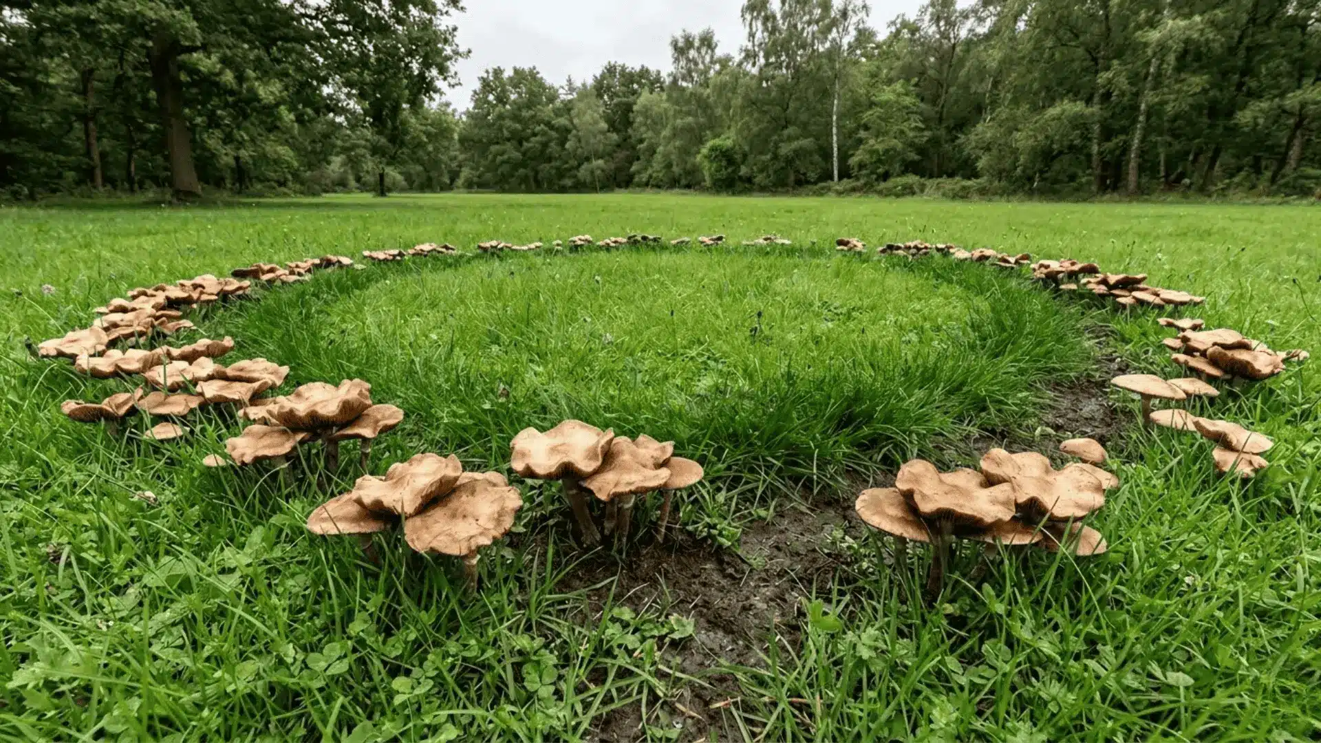 fairy ring mushrooms growing in a curved pattern across a lush green lawn in natural daylight