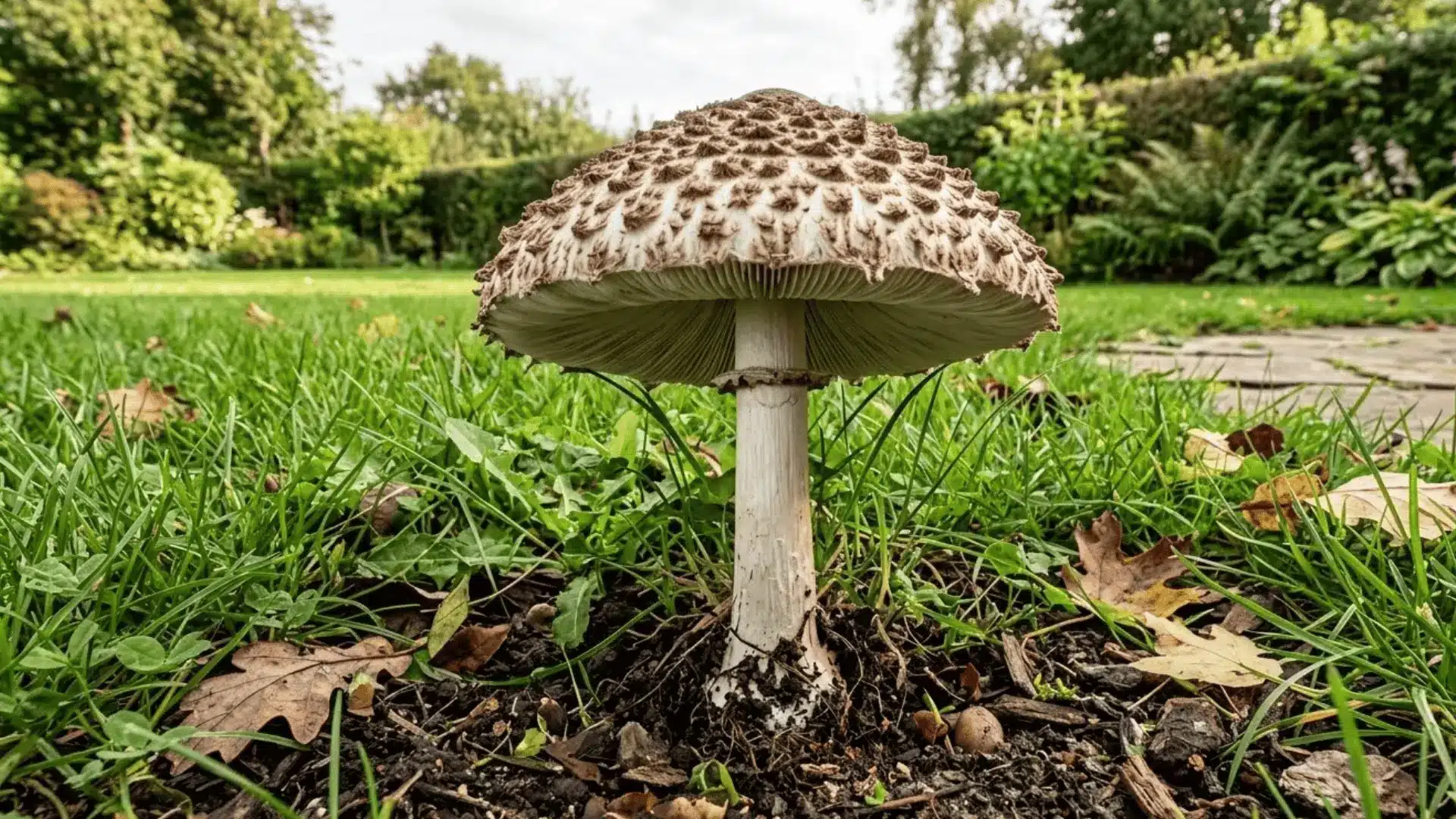 false parasol mushroom with brownish scaly cap and pale gills growing in a garden lawn
