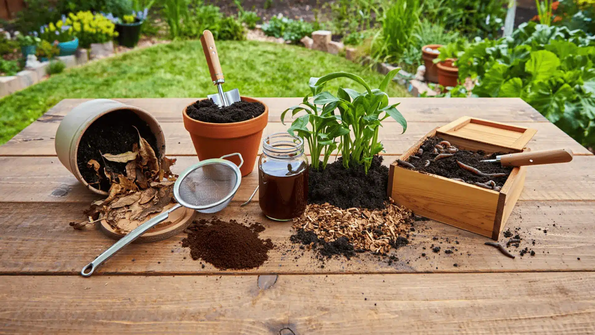 five ways to use coffee grounds in a garden displayed on a rustic wooden table in natural daylight