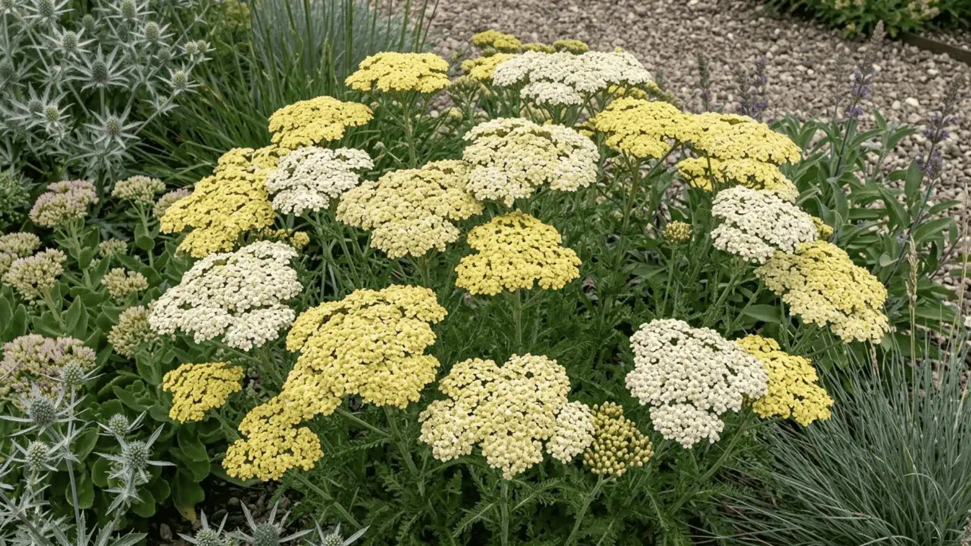 flat-topped yarrow clusters in soft yellow and white photographed in sharp midday light in a dry garden border