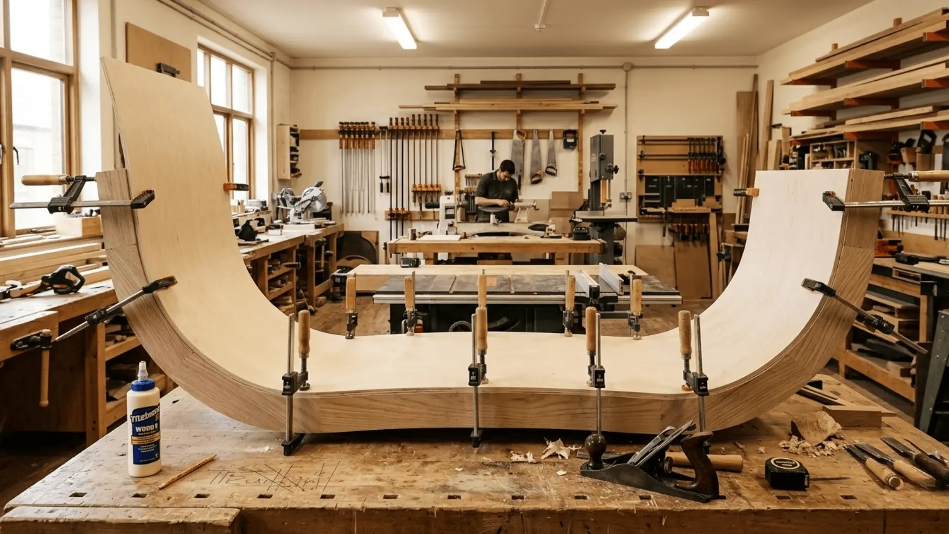 flexible bendy plywood curved around a rounded furniture frame in a joinery workshop