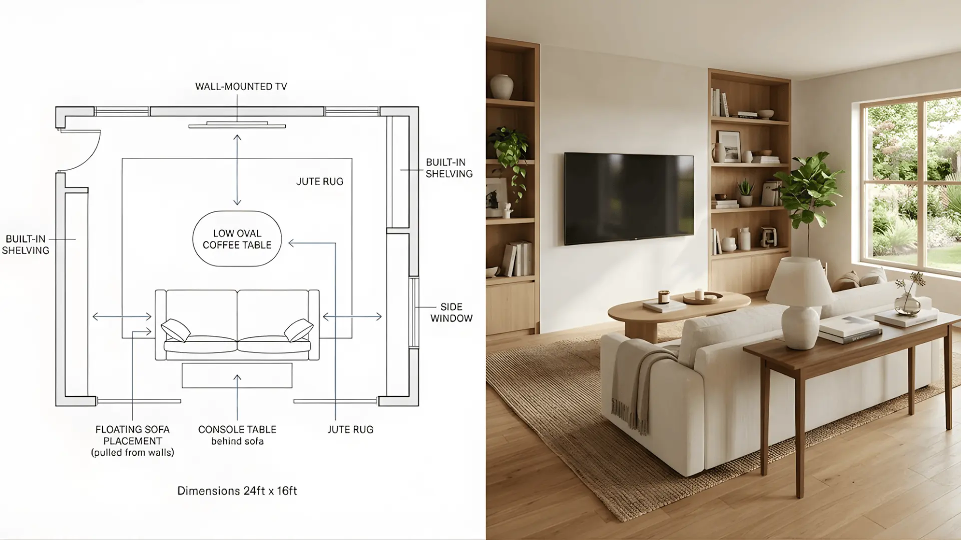 floating sofa layout in rectangular living room with tv on long wall and console table behind