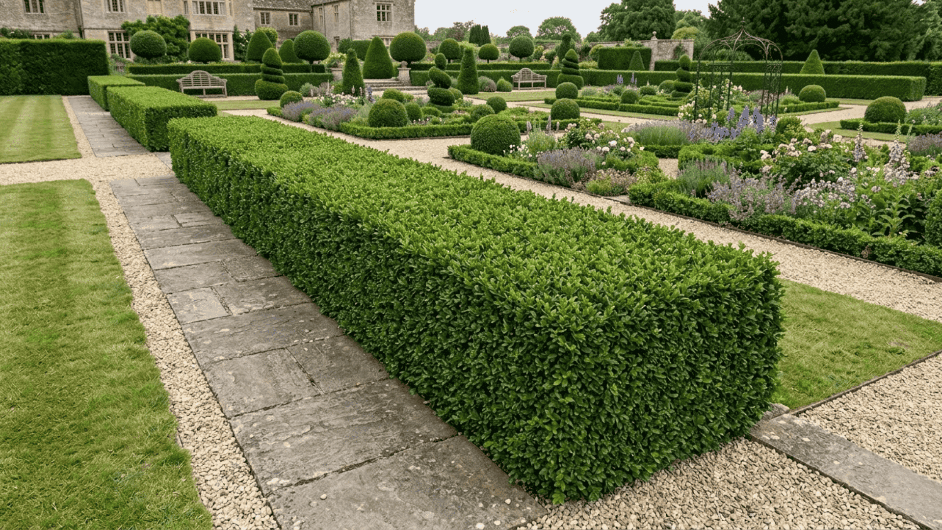 formal boxwood hedge with dense glossy foliage along a stone garden pathway