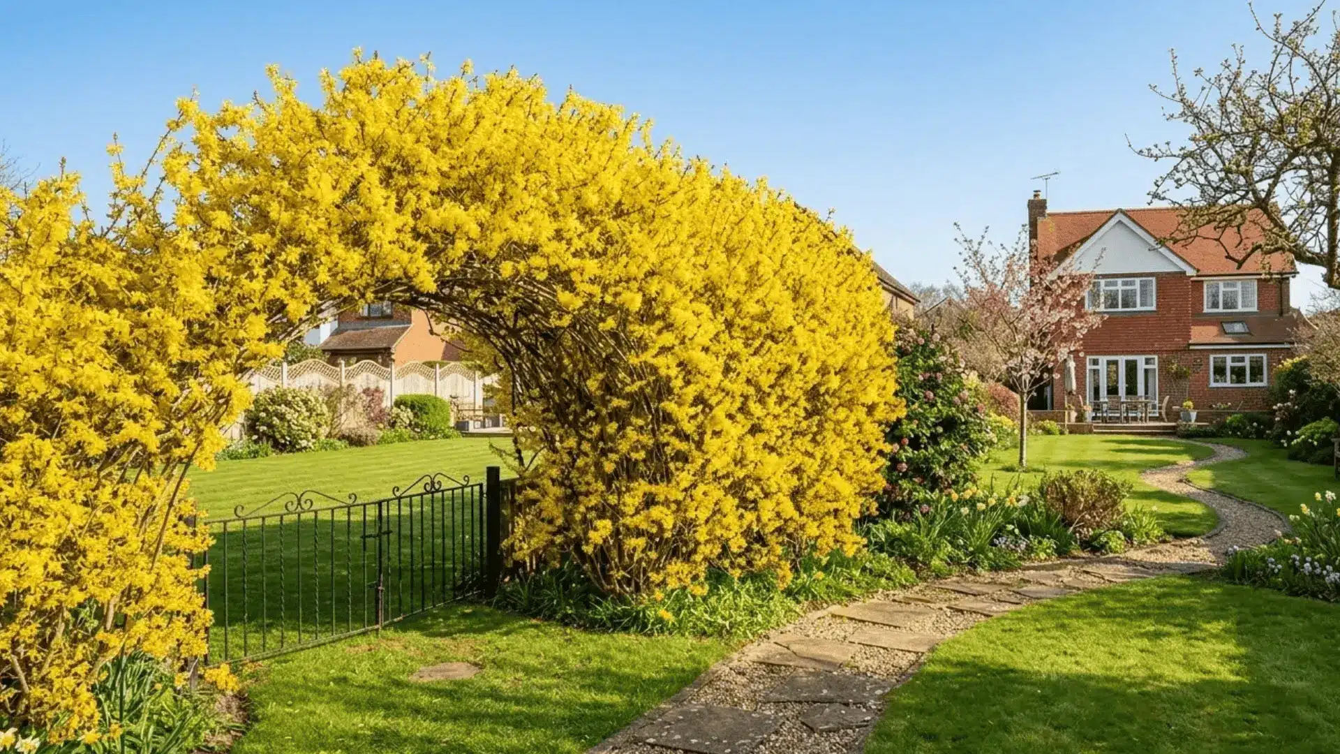 forsythia hedge in full bloom with vivid yellow flowers covering every arching branch in spring