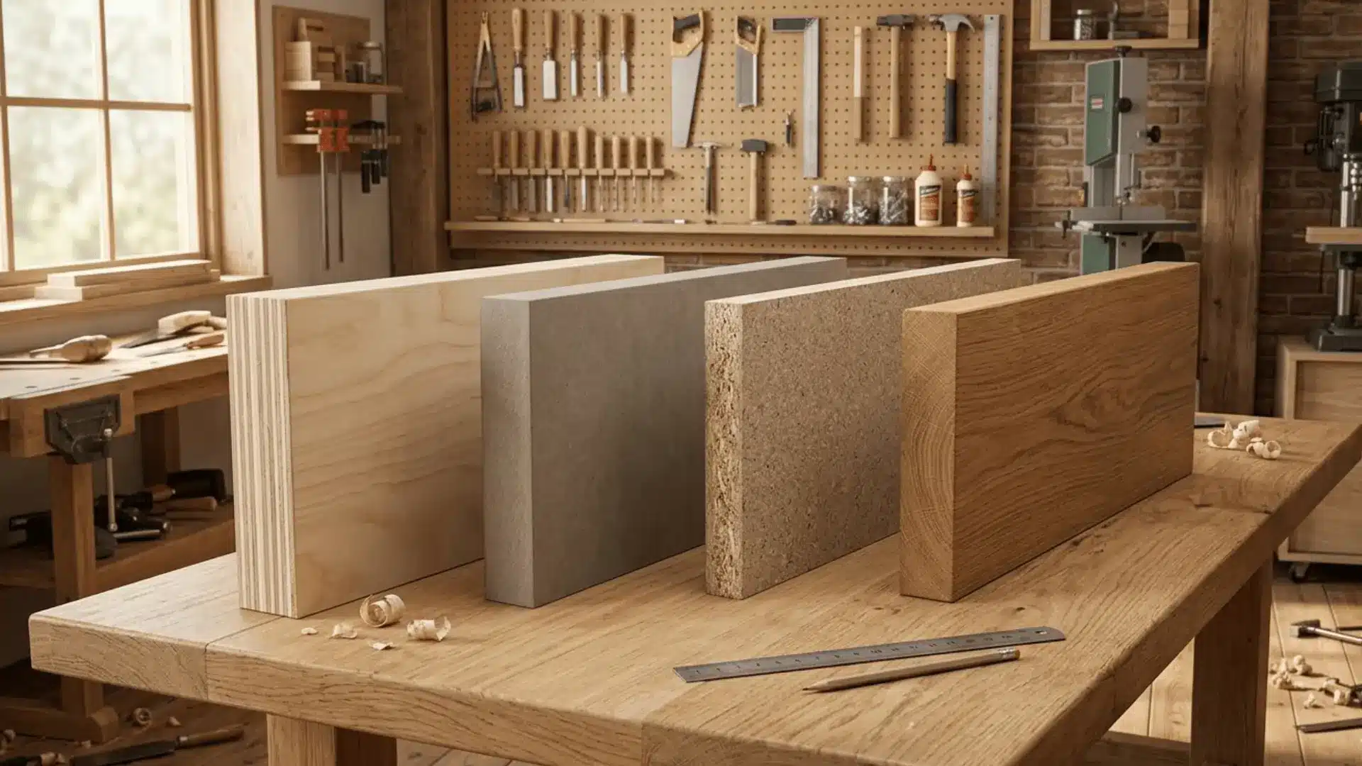 four engineered wood samples including plywood, mdf, particleboard, and solid wood laid side by side on a workshop bench