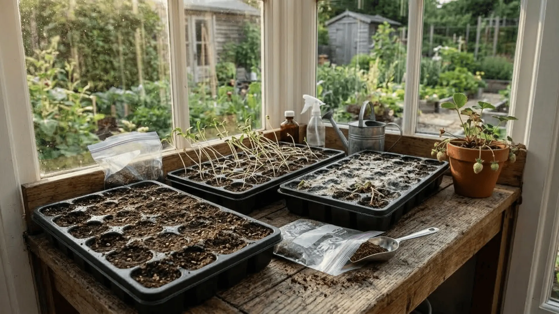 four seed trays on a wooden bench showing common strawberry growing problems in natural light