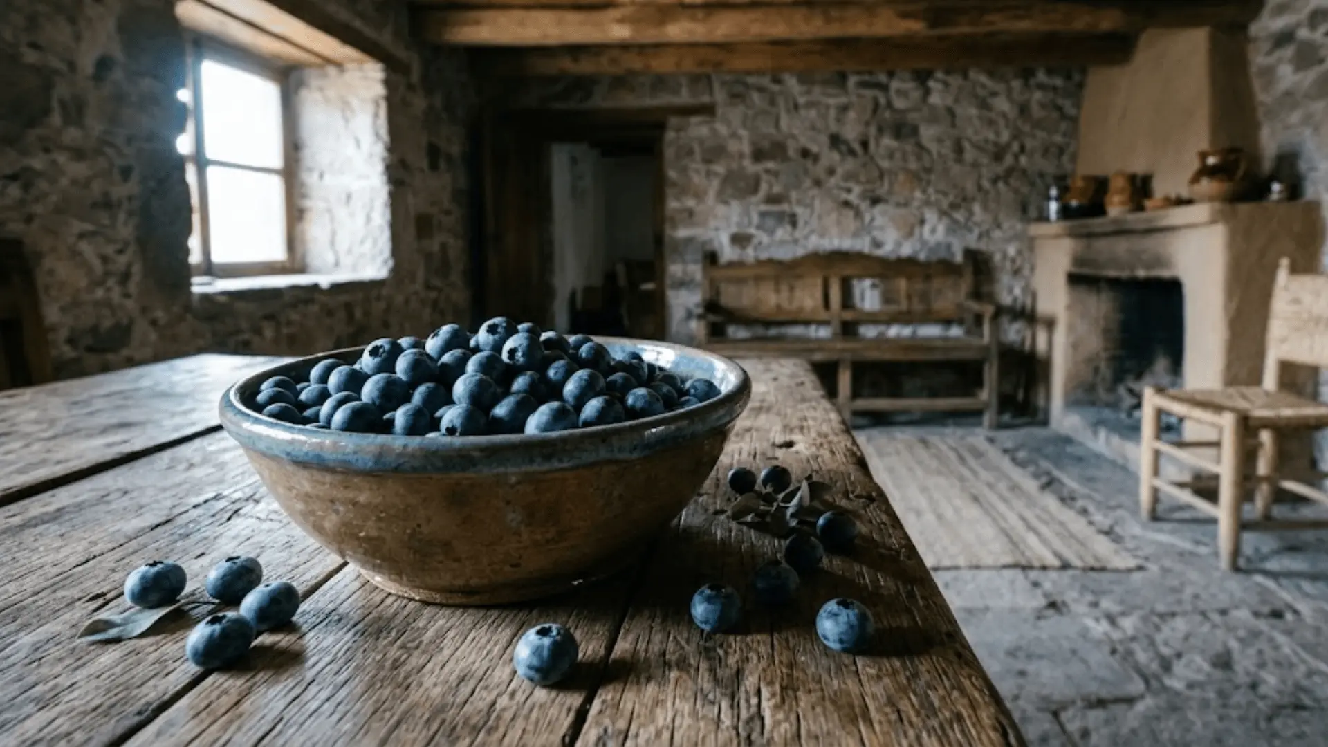 fresh blueberries with natural bloom in a ceramic bowl in a jalisco highland farmhouse