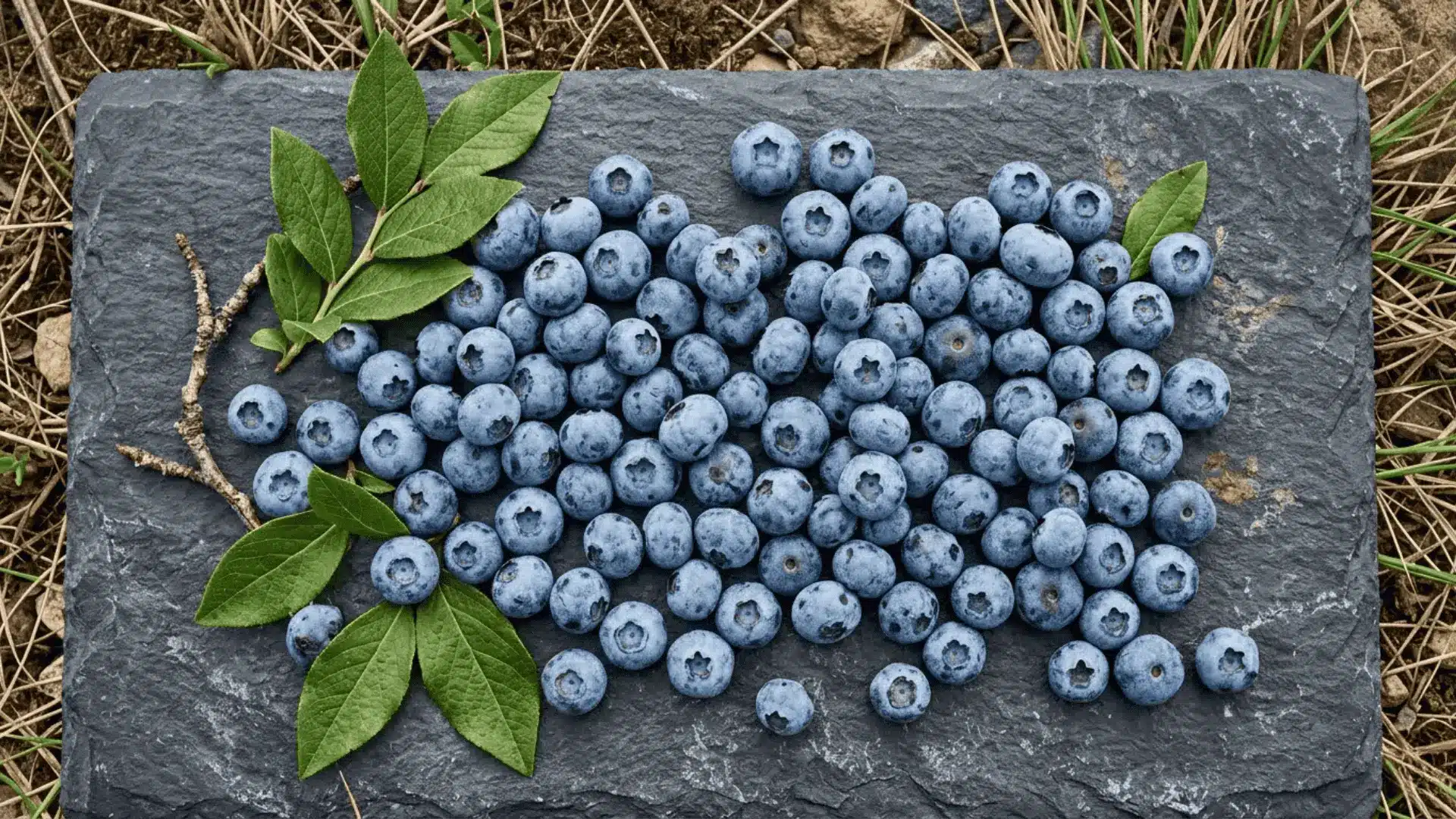 fresh blueberries with powdery bloom scattered on a dark slate surface with leaves