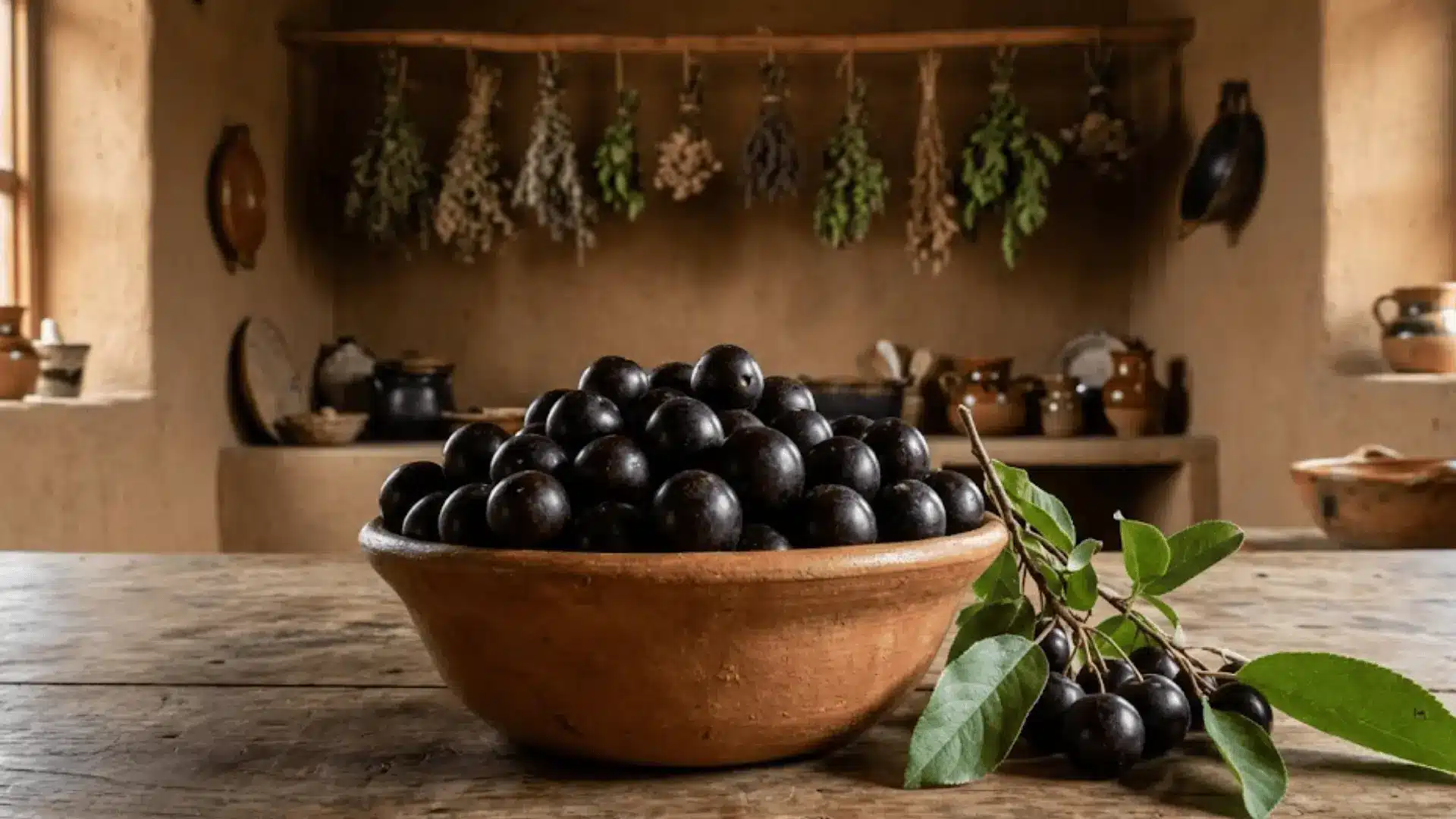 fresh capulin cherries in a clay bowl with branches in a rustic highland mexican kitchen
