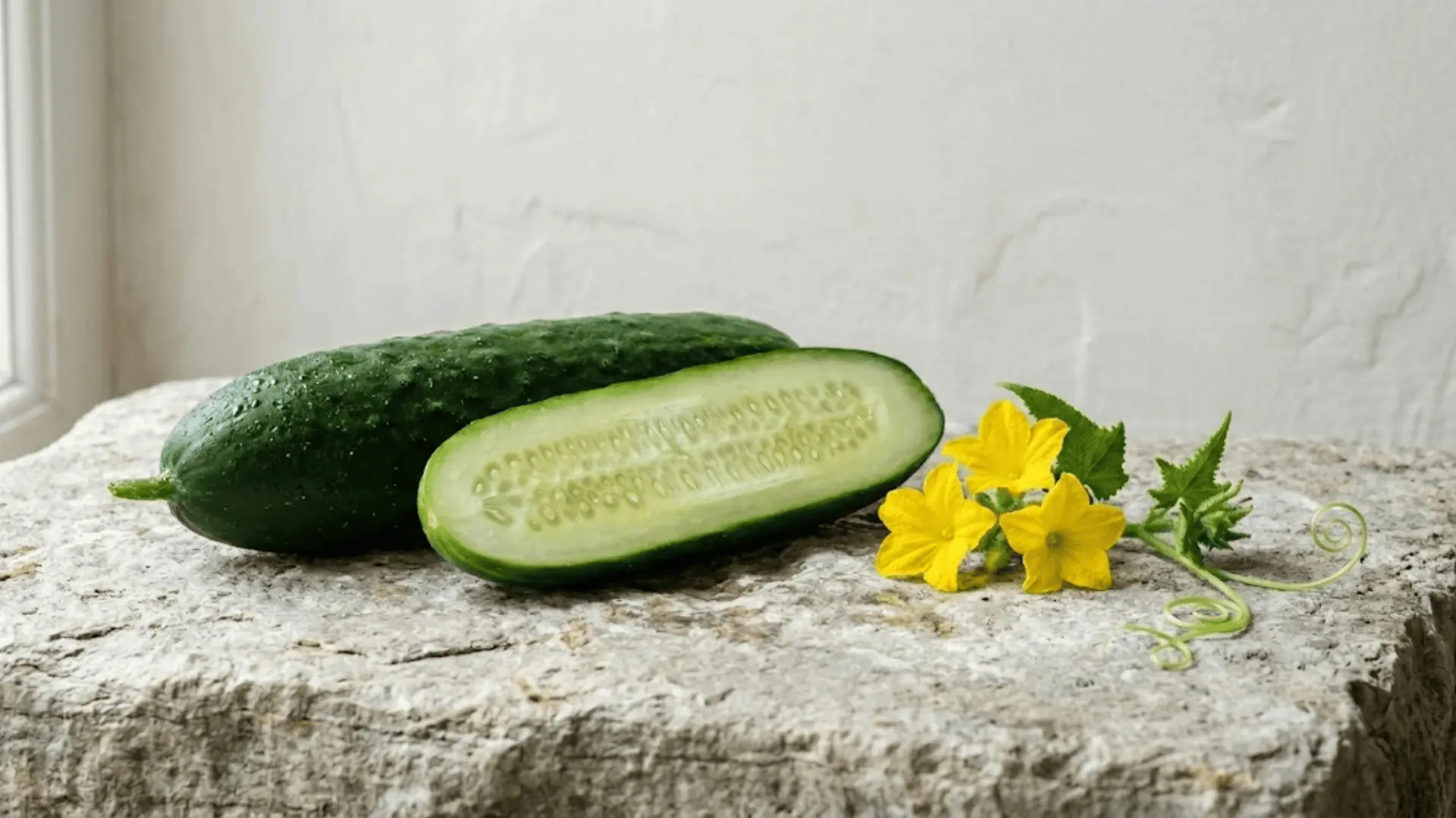 fresh cucumber sliced in half with yellow flowers and vine on a grey stone surface in natural light