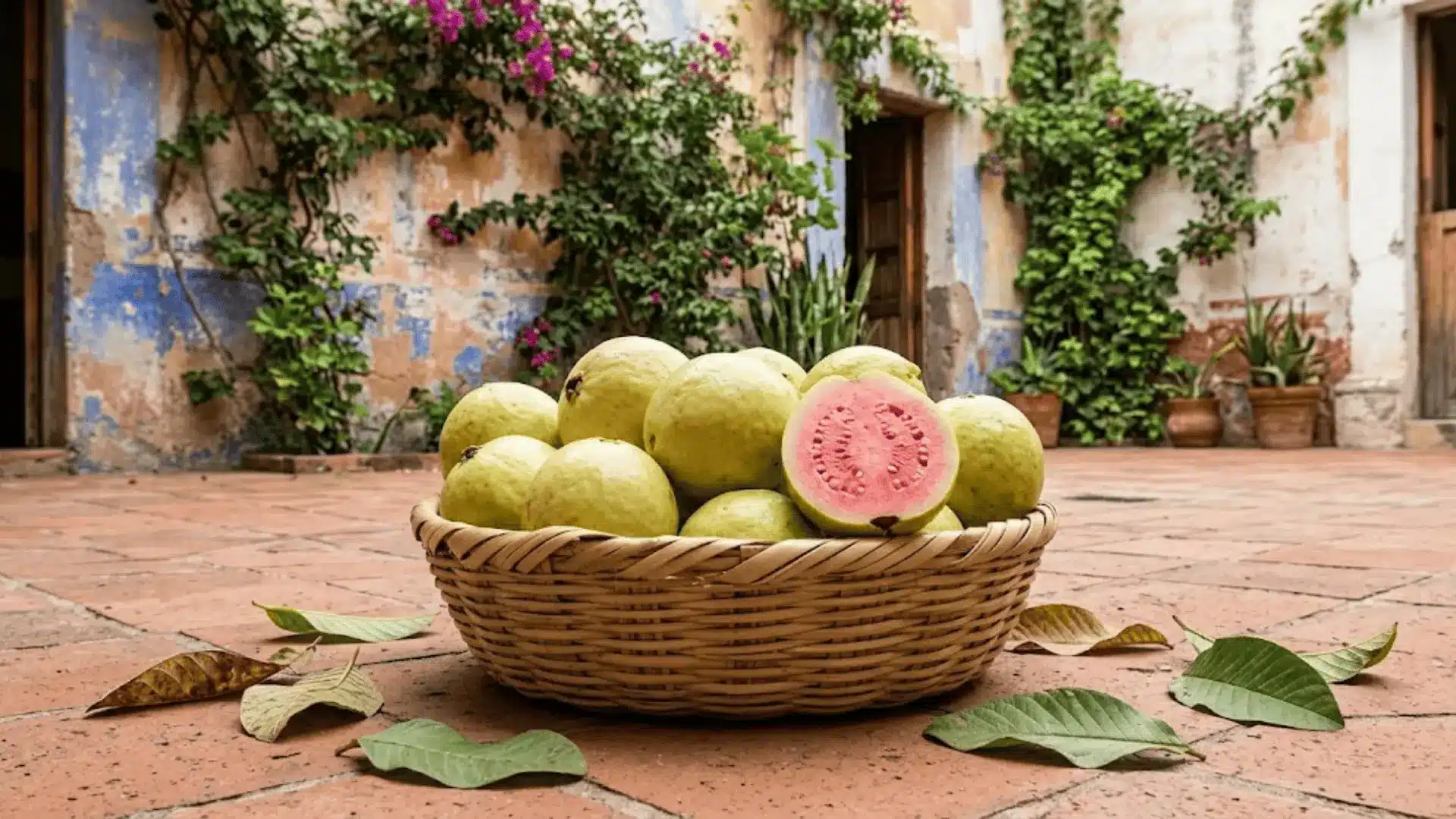 fresh guavas in a woven basket on a terracotta courtyard floor, one halved showing pink flesh