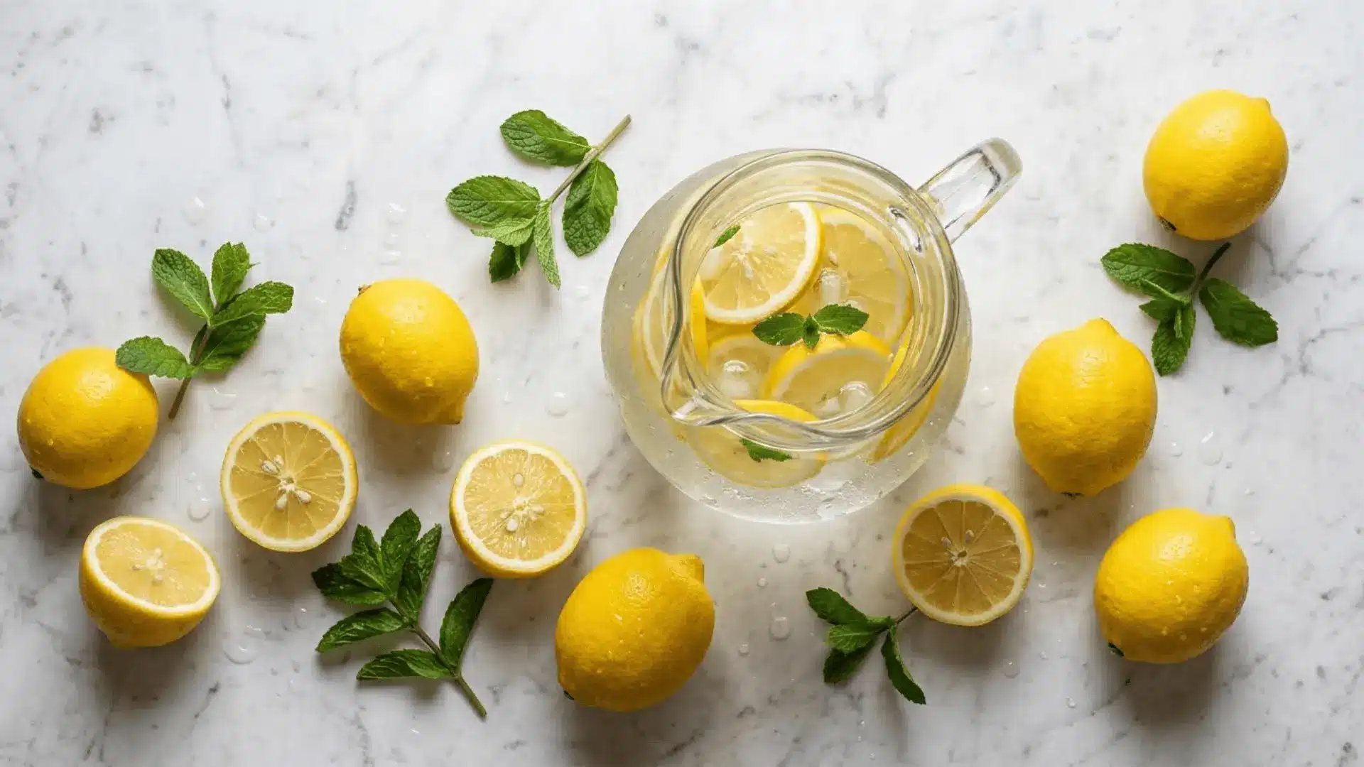 fresh lemon slices and halves in a glass pitcher of water on a marble surface in natural morning light