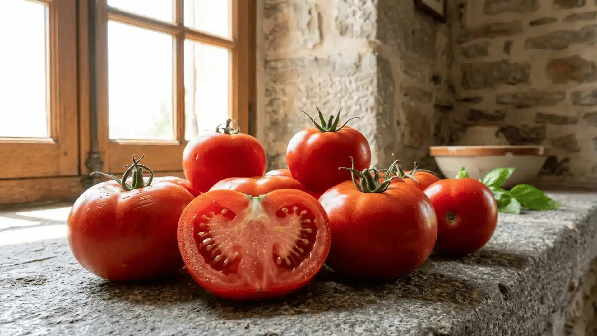 fresh red tomatoes with one sliced open showing seeds on a stone kitchen surface