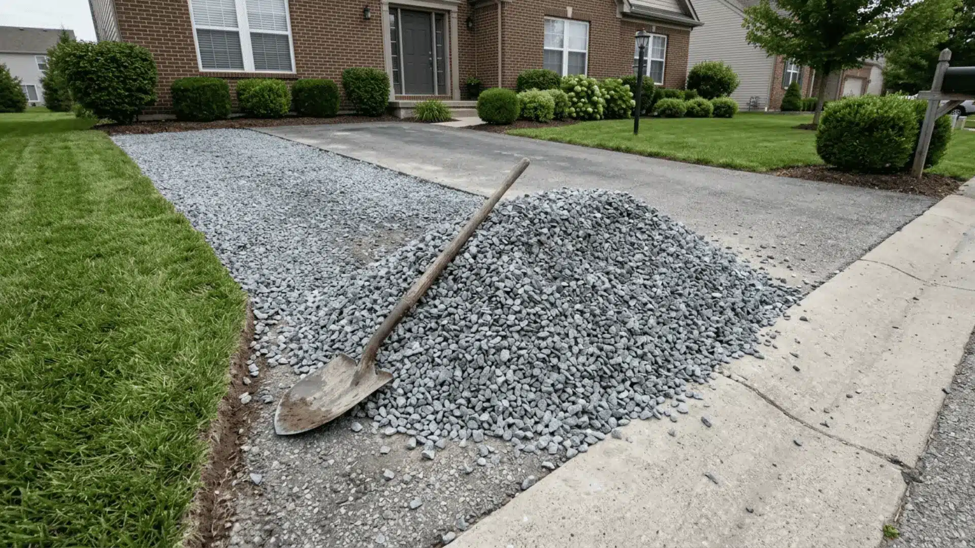 freshly dumped crushed gravel pile on a residential driveway with a shovel and partially spread stone