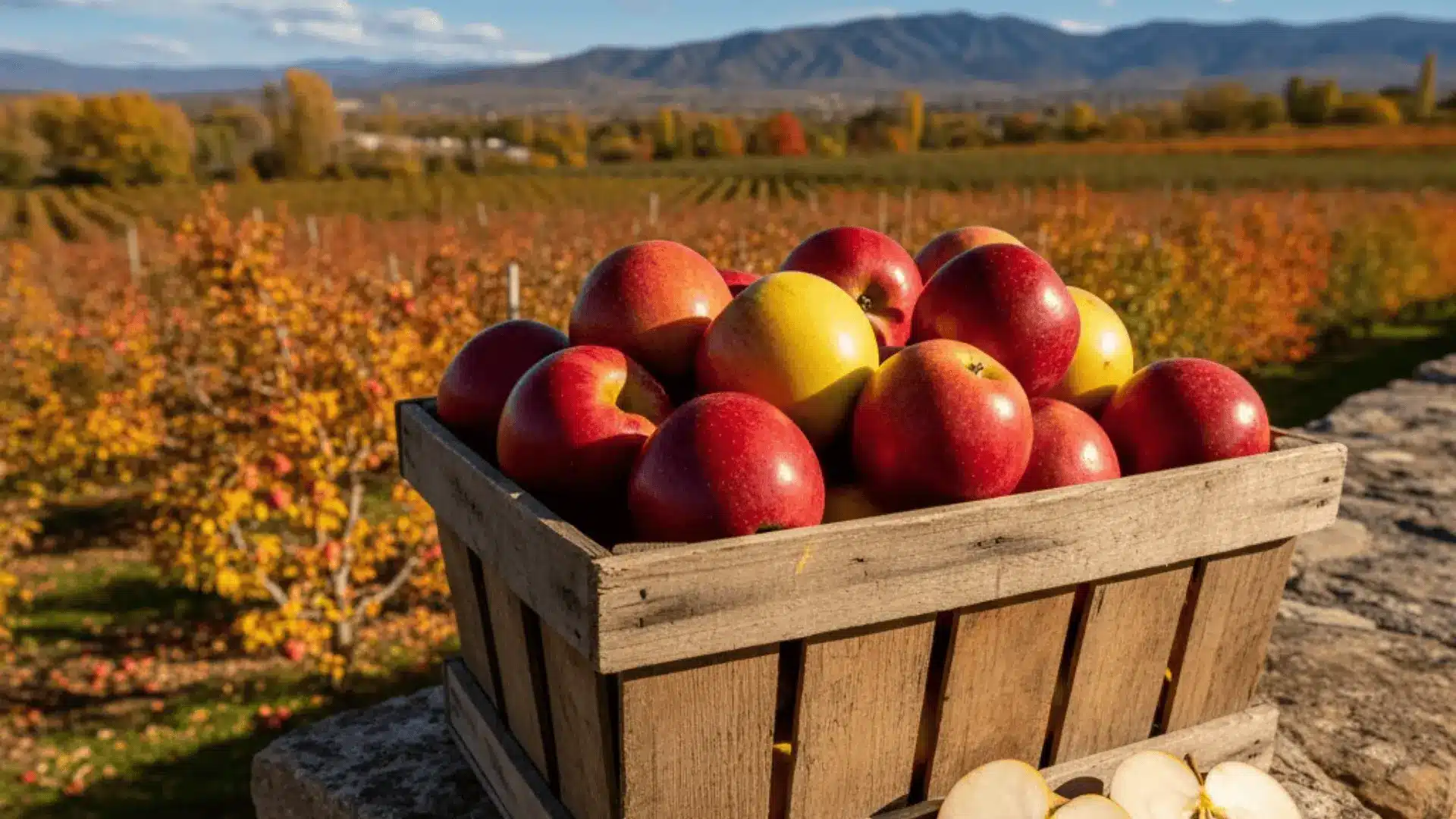 freshly harvested chihuahua mountain apples in a wooden crate, one halved showing white flesh