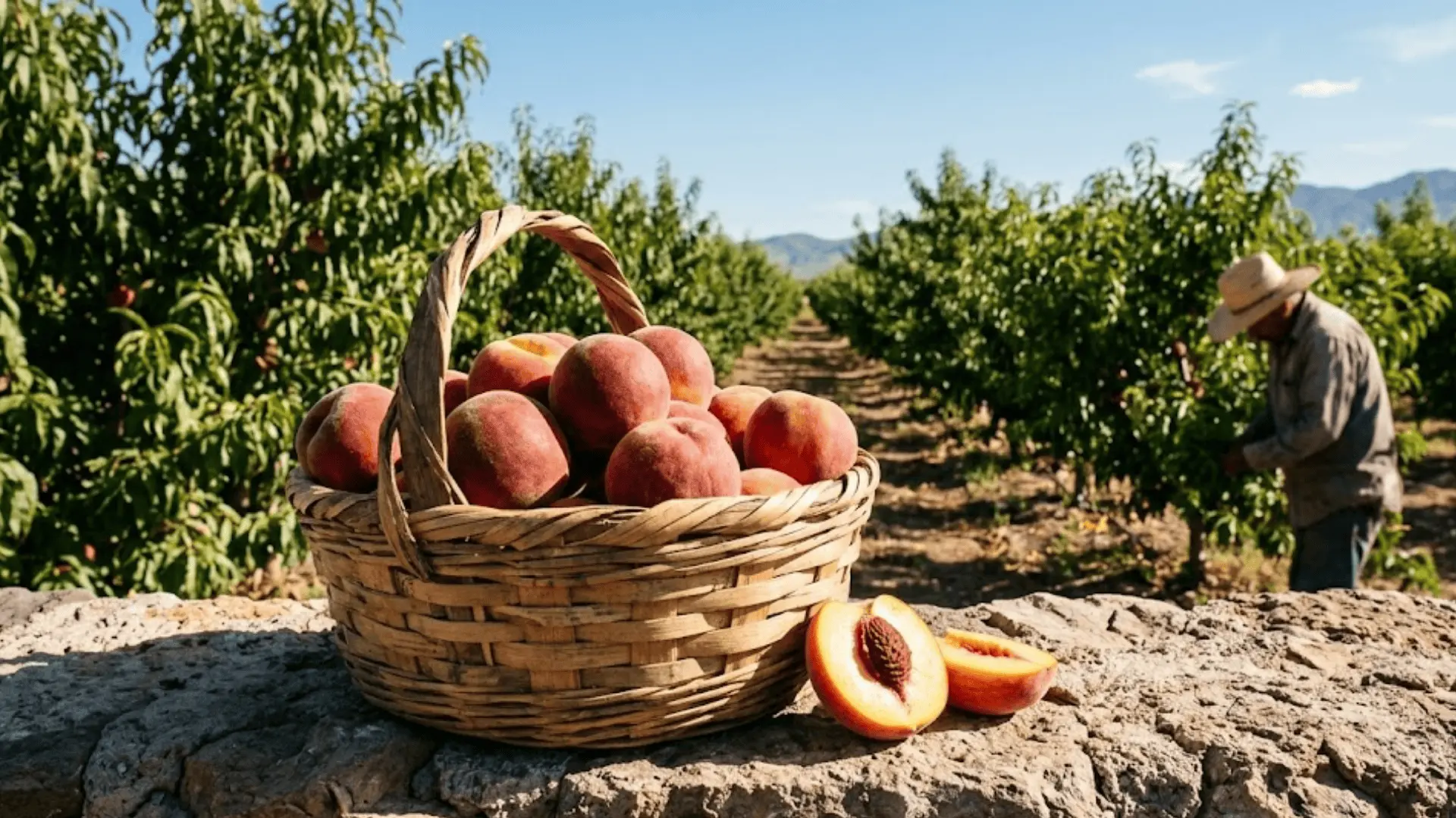 freshly harvested chihuahua peaches in a woven basket on an orchard wall, one halved