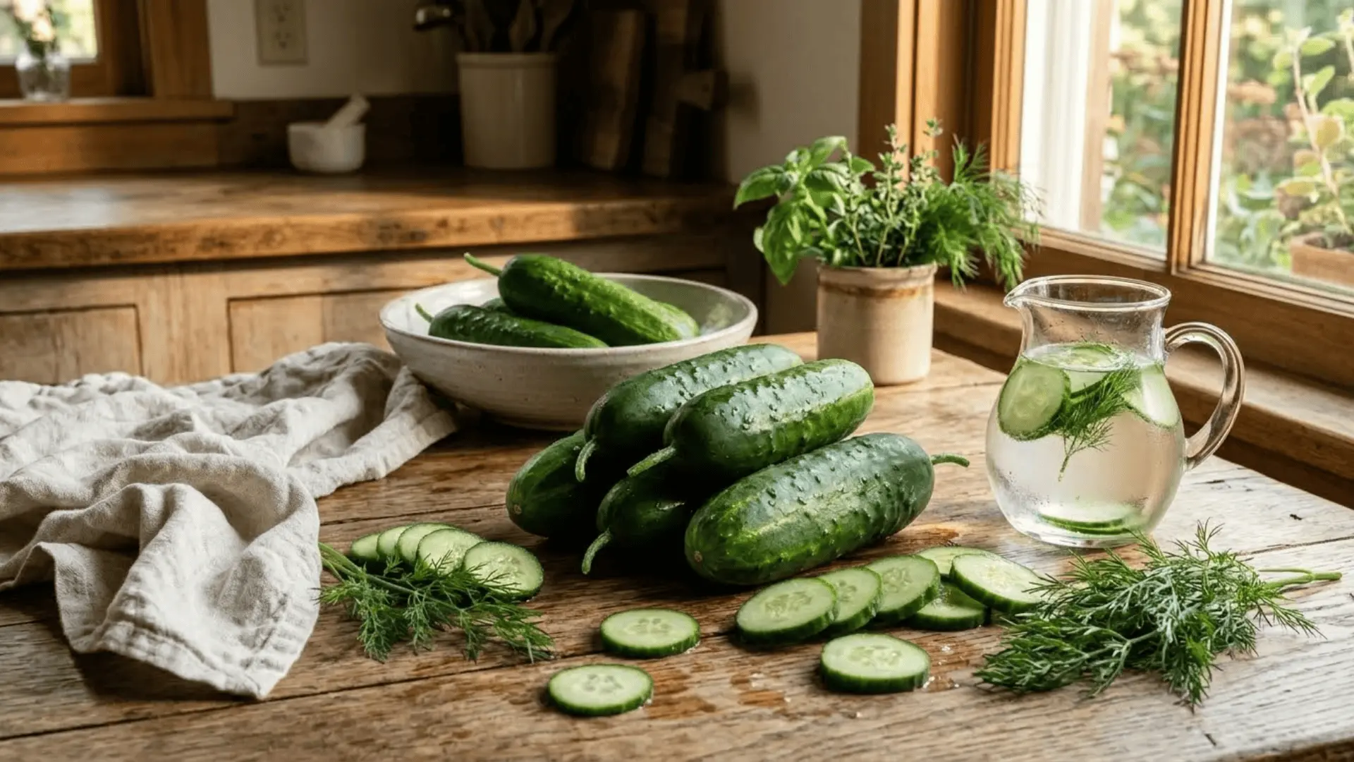 freshly harvested green cucumbers on a rustic wooden surface with cucumber slices and infused water